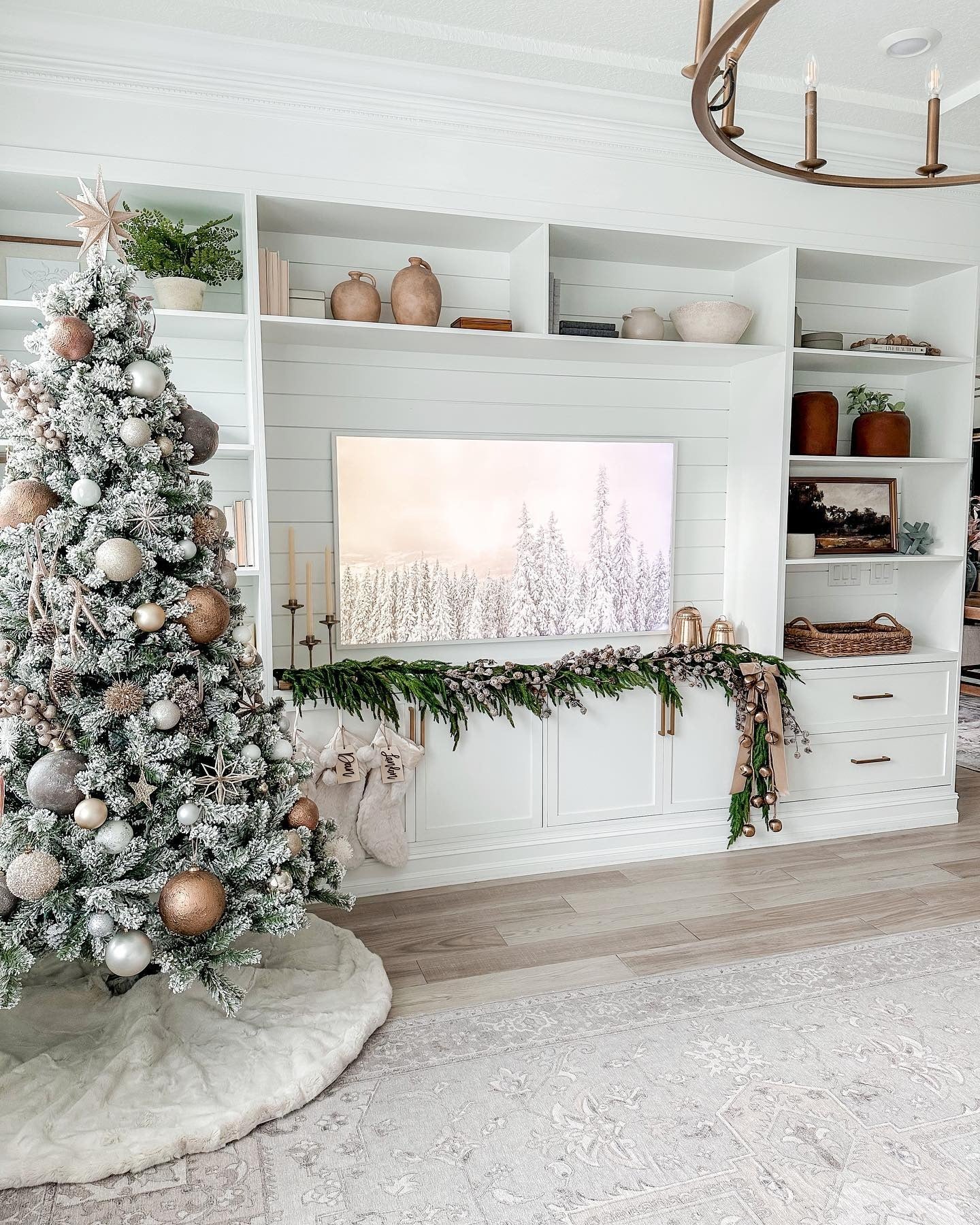 5. Frosted Neutrals with Blush and Bronze Ornaments (Christmas Living Room Decor Ideas)