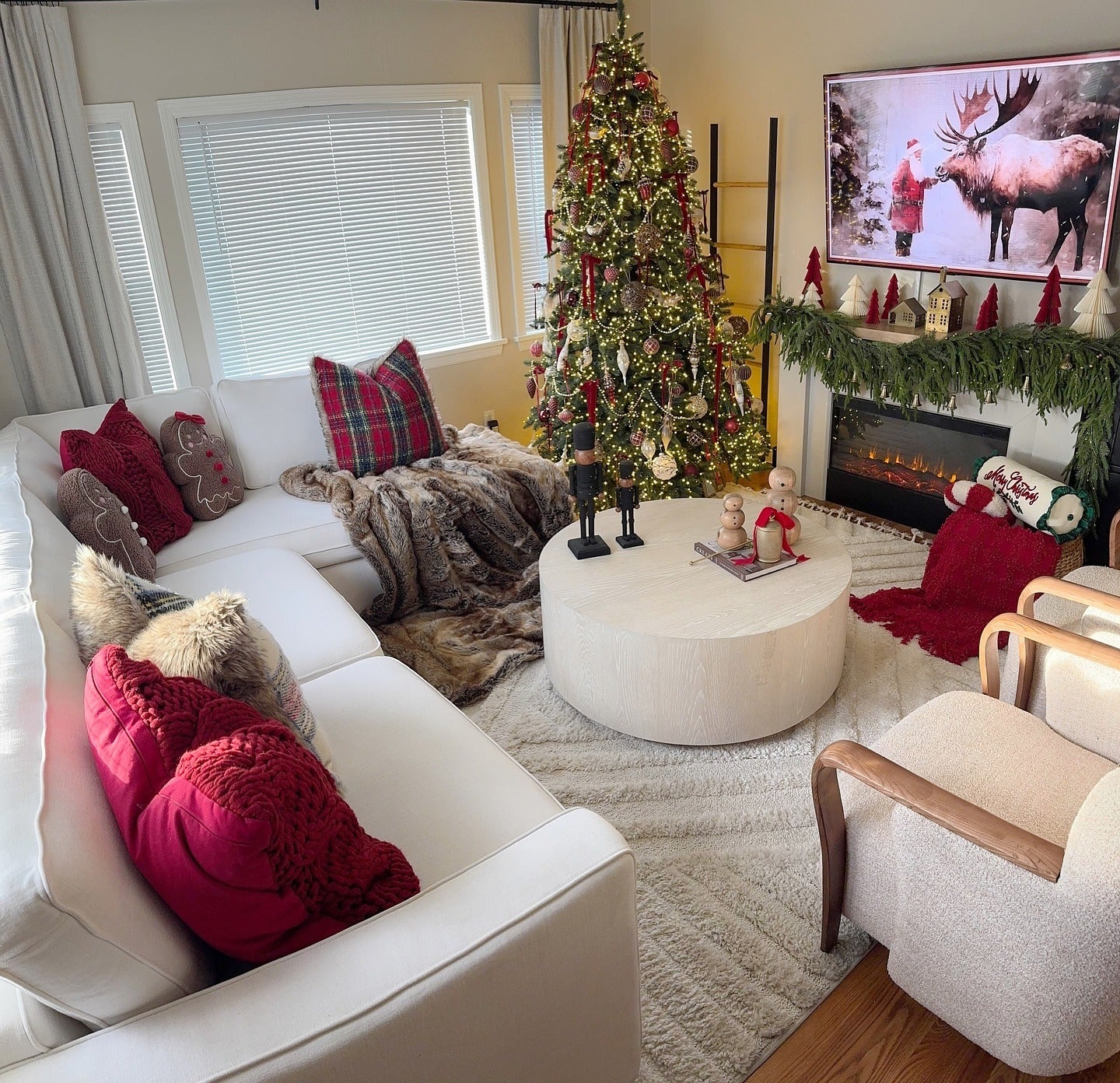 7. Classic Red and White with a Playful Twist (Christmas Living Room Decor Ideas)