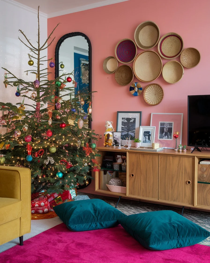 11. Bold Bohemian Holiday with Pink and Teal Layers (Christmas Living Room Decor Ideas)