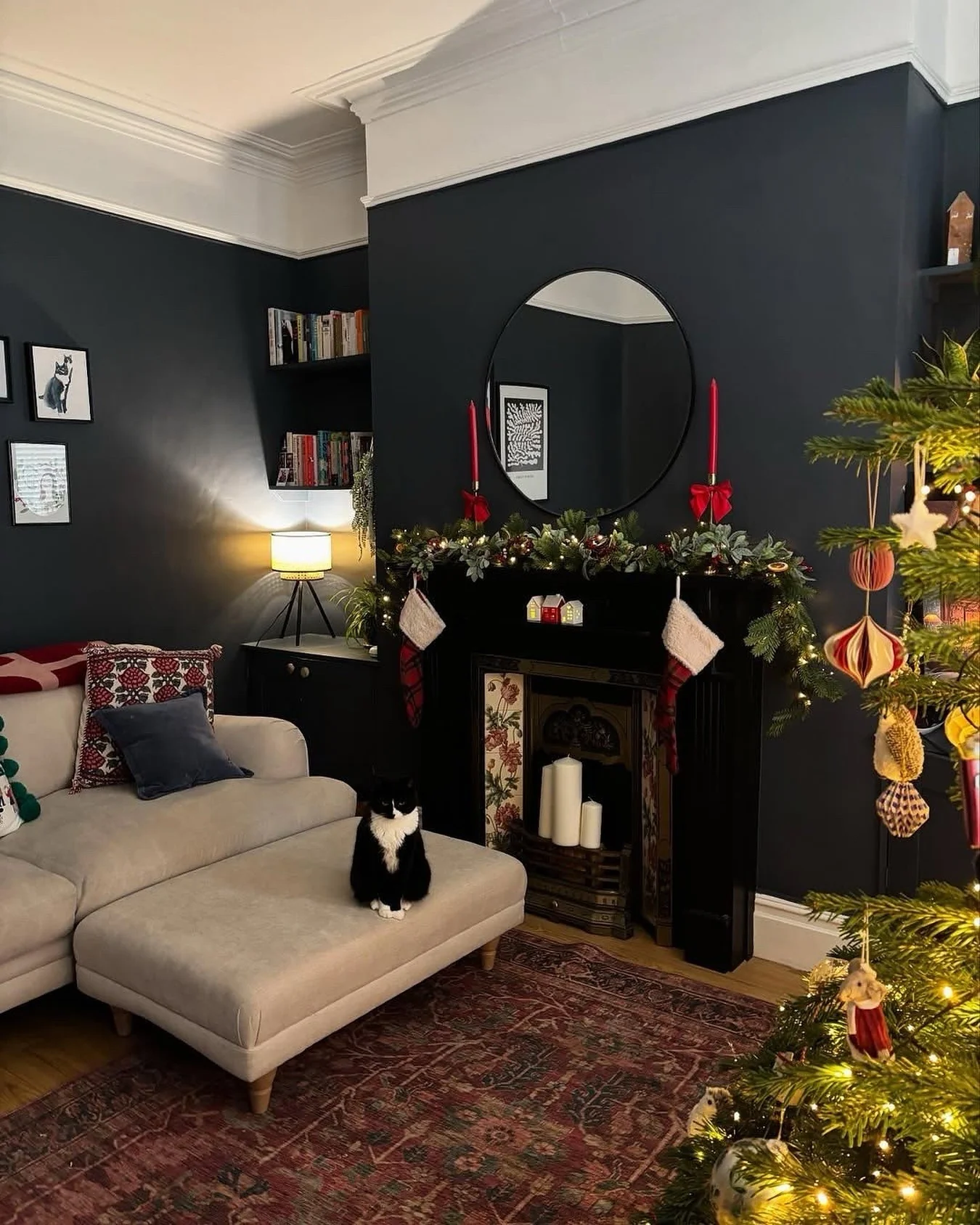 13. Heritage Charm with Moody Contrast (Christmas Living Room Decor Ideas)