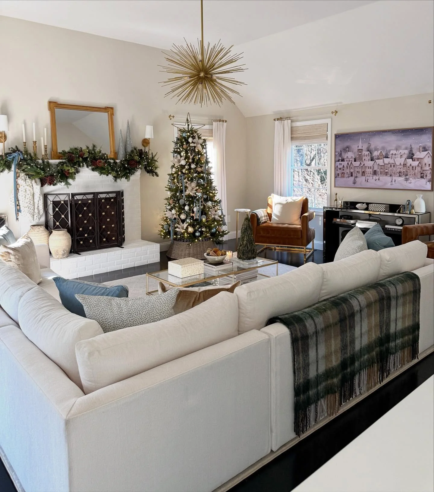 15. Sophisticated Farmhouse with Evergreen Layers (Christmas Living Room Decor Ideas)