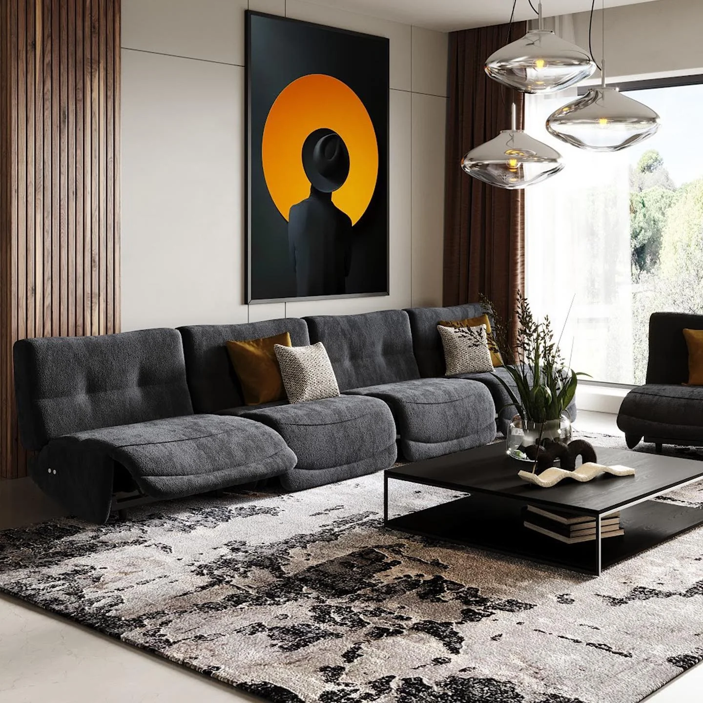 4. Statement Art and Soft Industrial Style (Black Furniture Living Room Ideas)