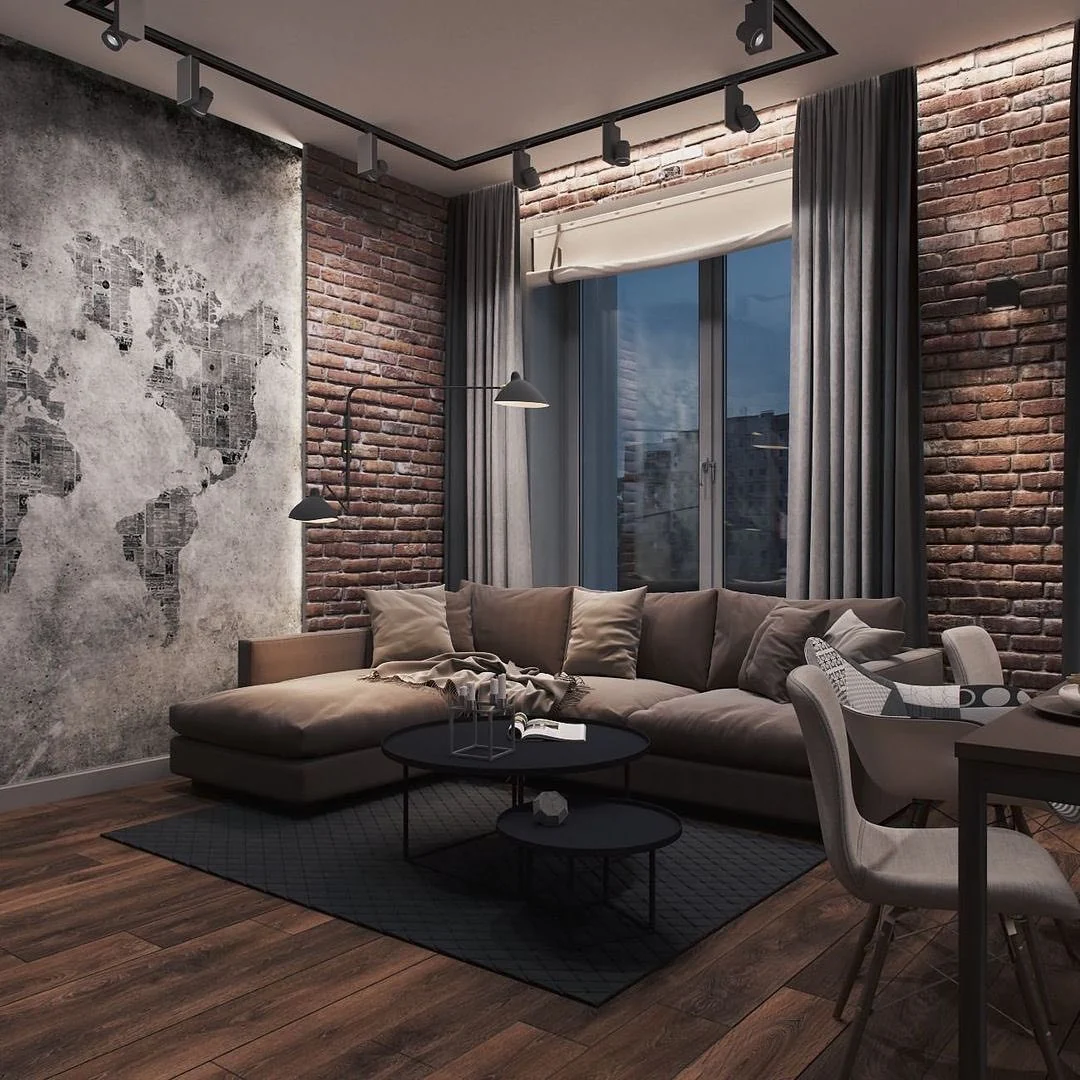 10. Urban Loft with Brick and Texture (Black Furniture Living Room Ideas)