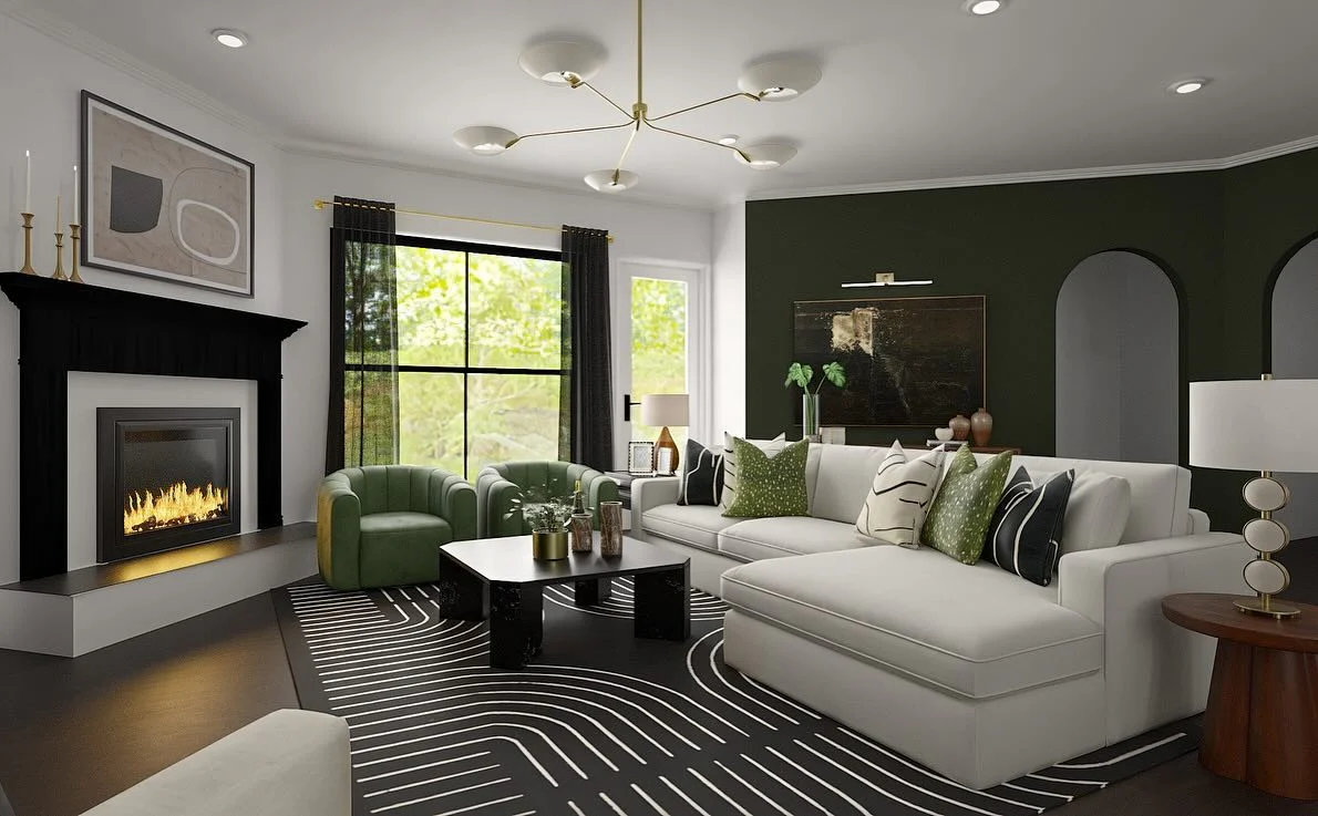 11. Deep Green Drama with Graphic Black Accents (Black Furniture Living Room Ideas)