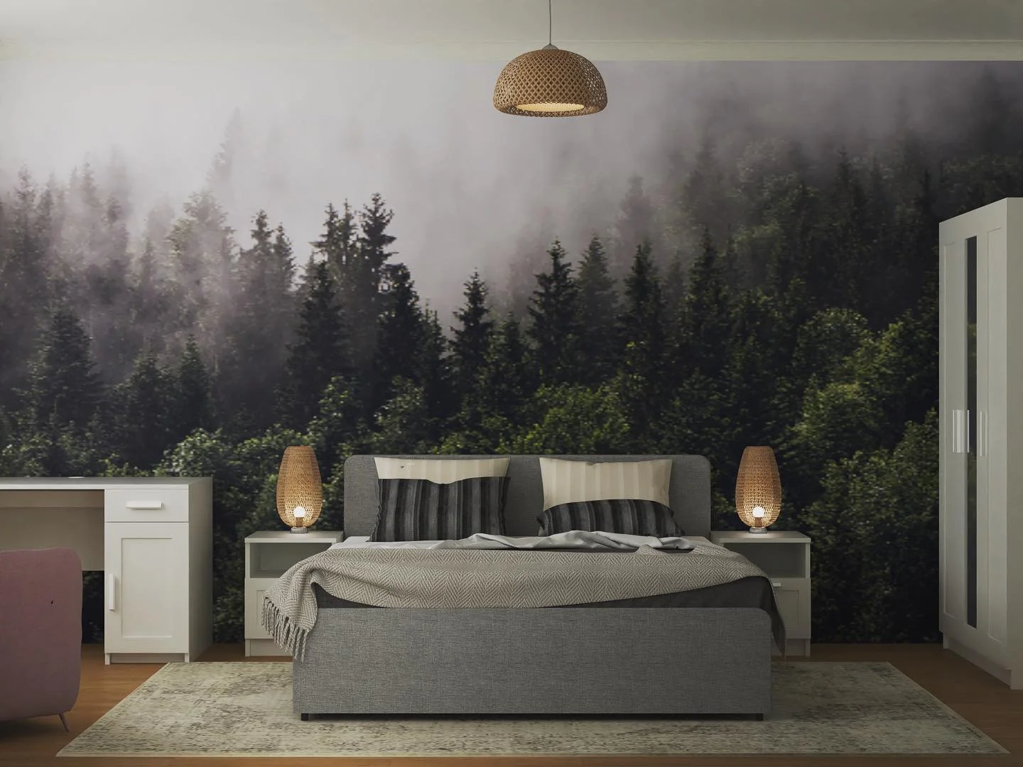11. Foggy Forest Focal Wall (Forest Bedroom Ideas)