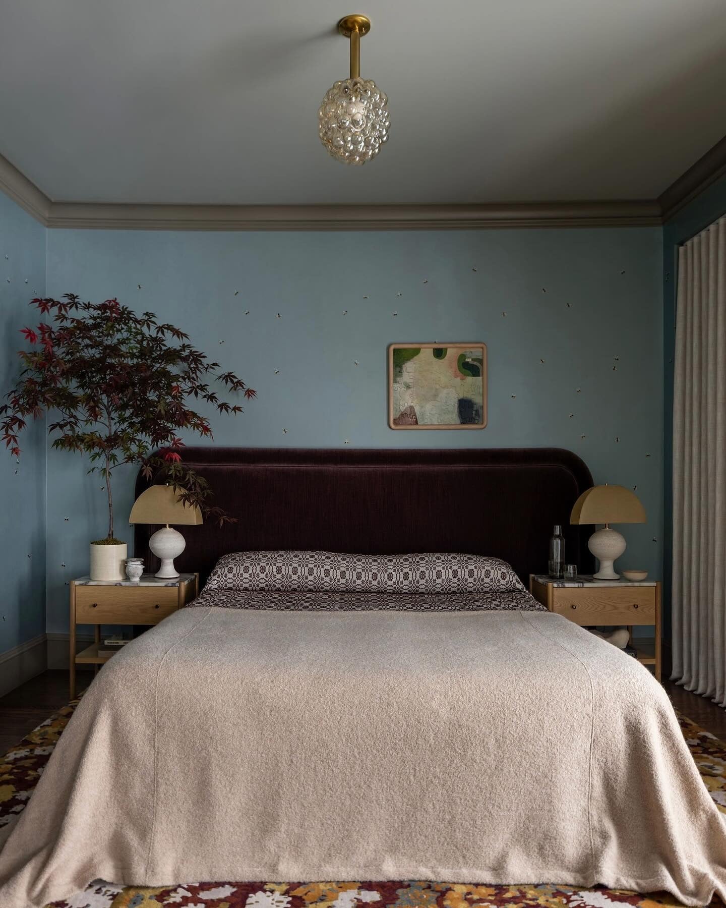 13. Artful Bohemian Bedroom with Aubergine and Sky Blue (European Style Bedroom Ideas)