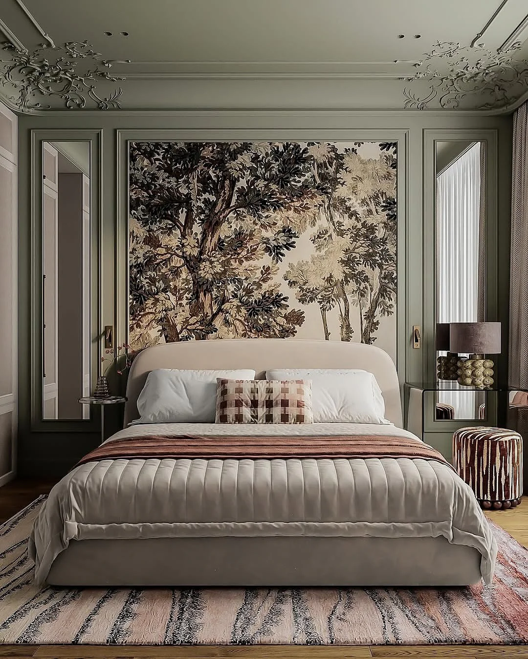 12. French Boiserie Elegance in Sage and Blush (European Style Bedroom Ideas)