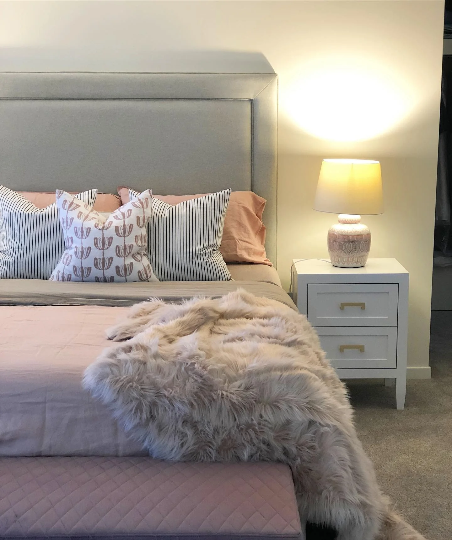 2. Minimal Blush with Classic Comfort (Pastel Bedroom Ideas)