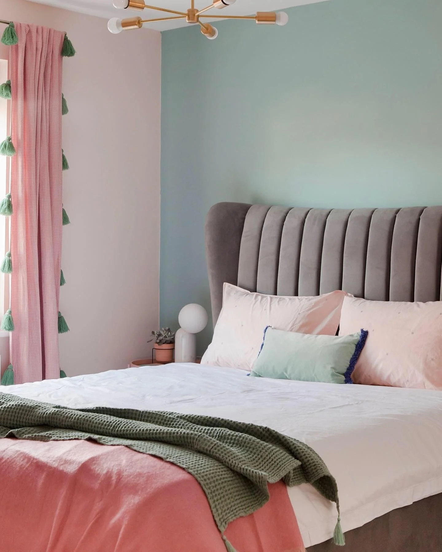 9. Balanced Contrast with Soft Green & Pink (Pastel Bedroom Ideas)