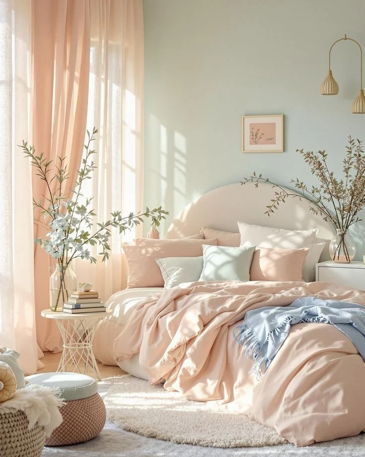 16. Peachy Soft Elegance with Green Undertones (Pastel Bedroom Ideas)