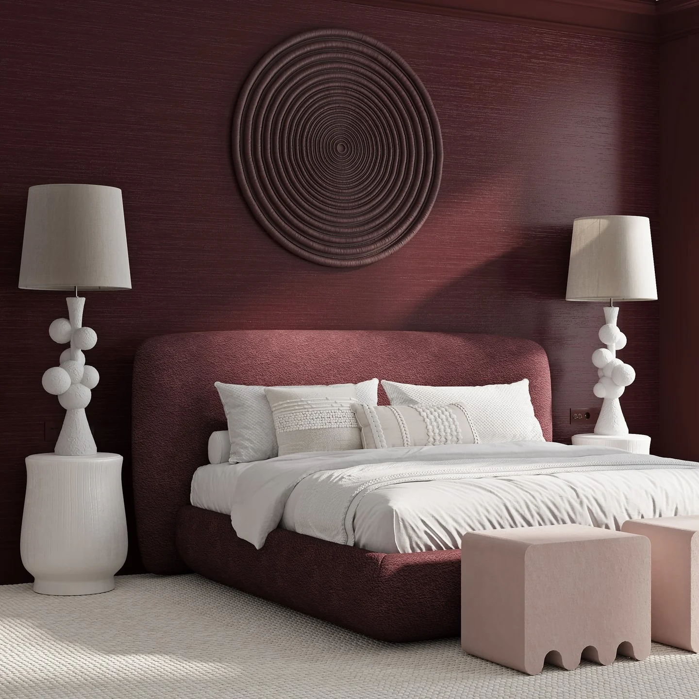 6. Minimalist Drama with Sculptural Contrast (Burgundy Bedroom Ideas)