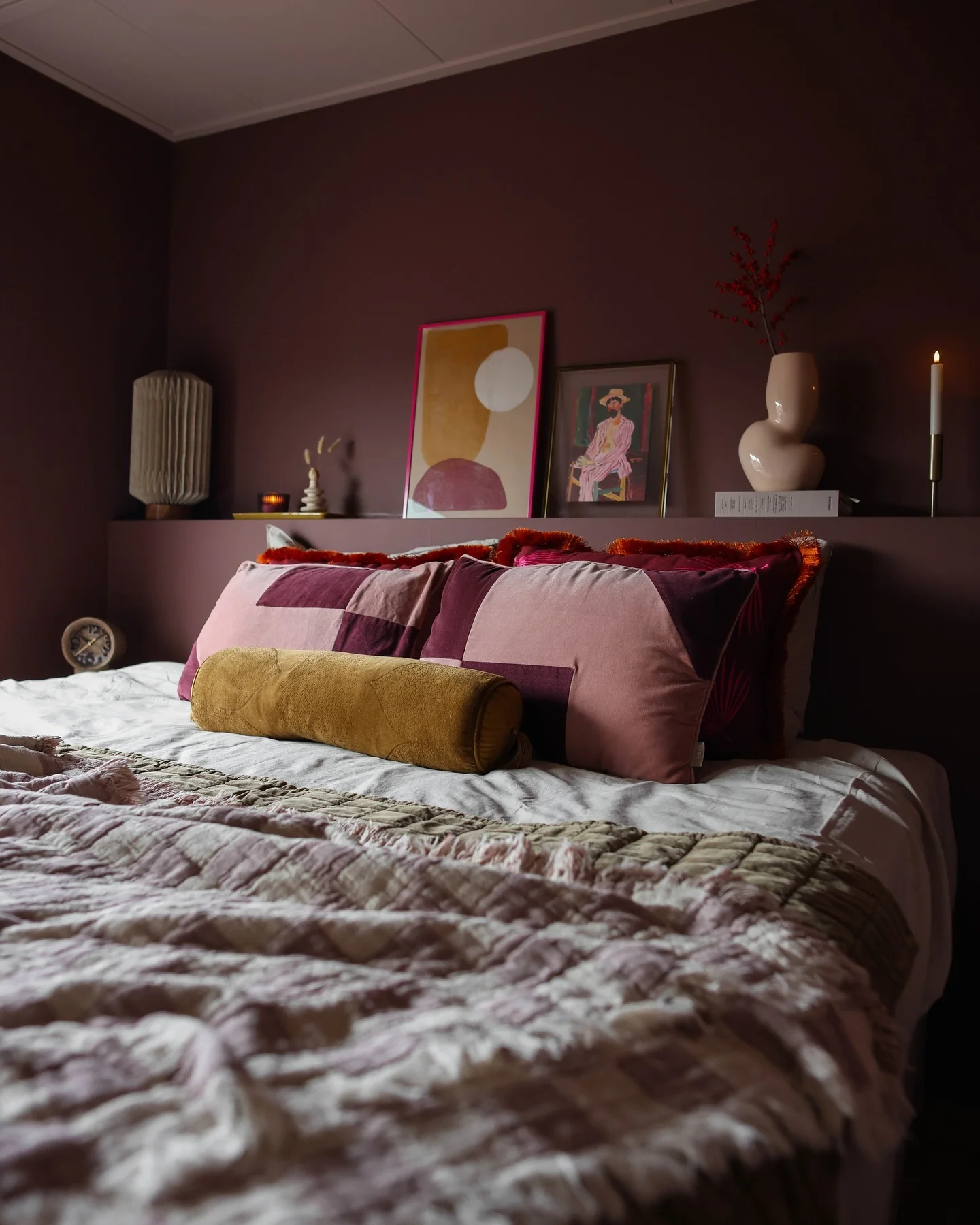 2. Plum Modernism with Artistic Layers (Burgundy Bedroom Ideas)