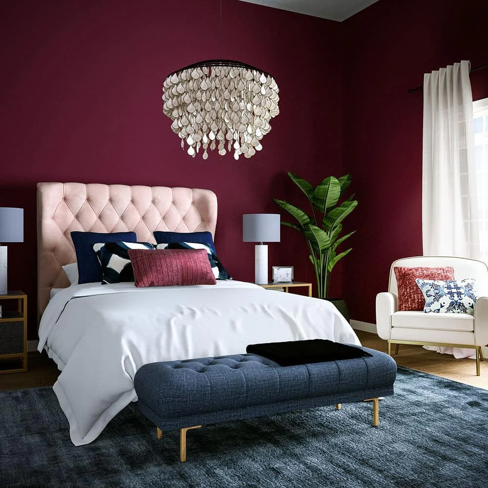 10. Bold Wall Statement with Balanced Contrast (Burgundy Bedroom Ideas)