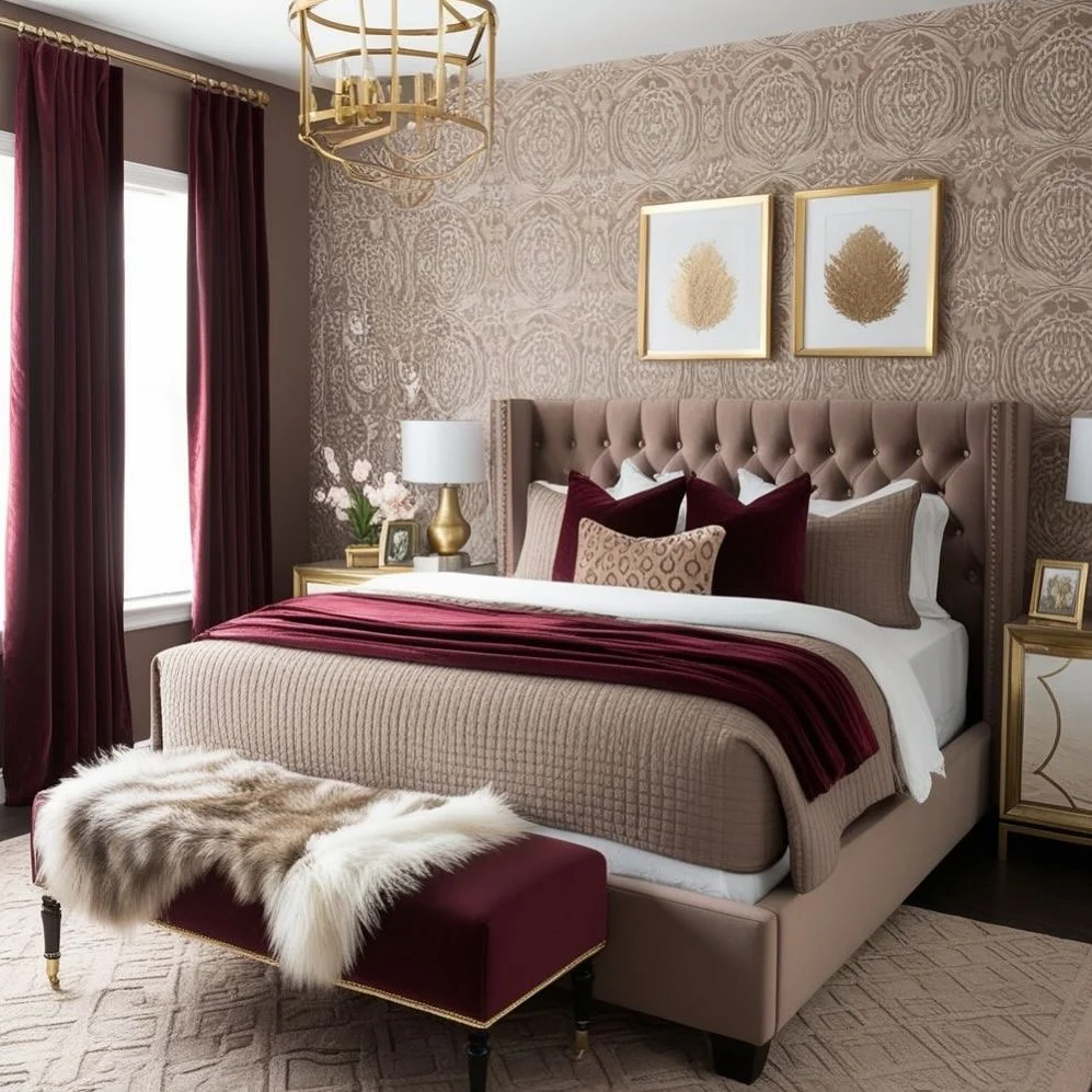 9. Hotel-Inspired Glam with Gold Details (Burgundy Bedroom Ideas)