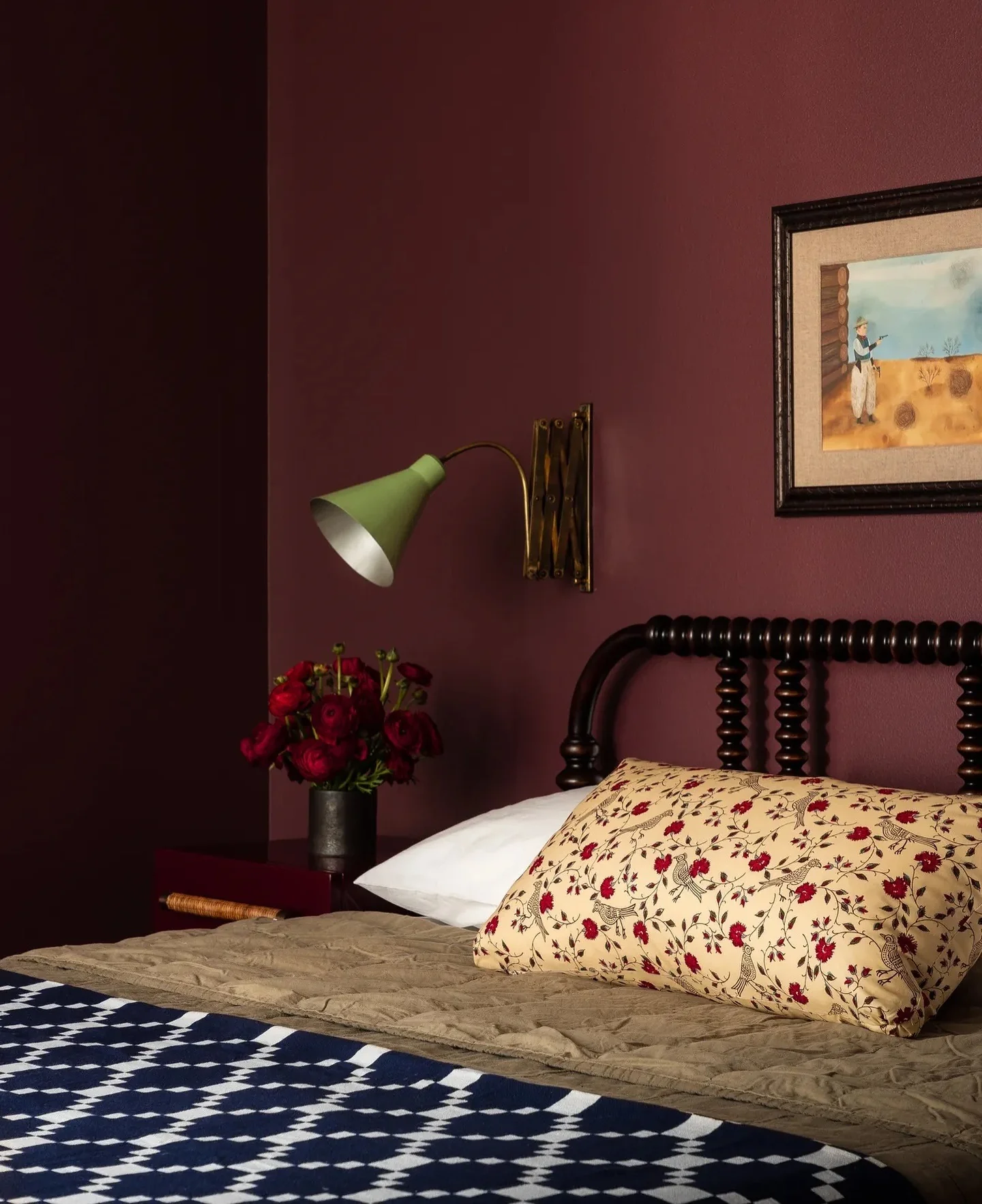 11. Vintage Accents with Earthy Contrast (Burgundy Bedroom Ideas)