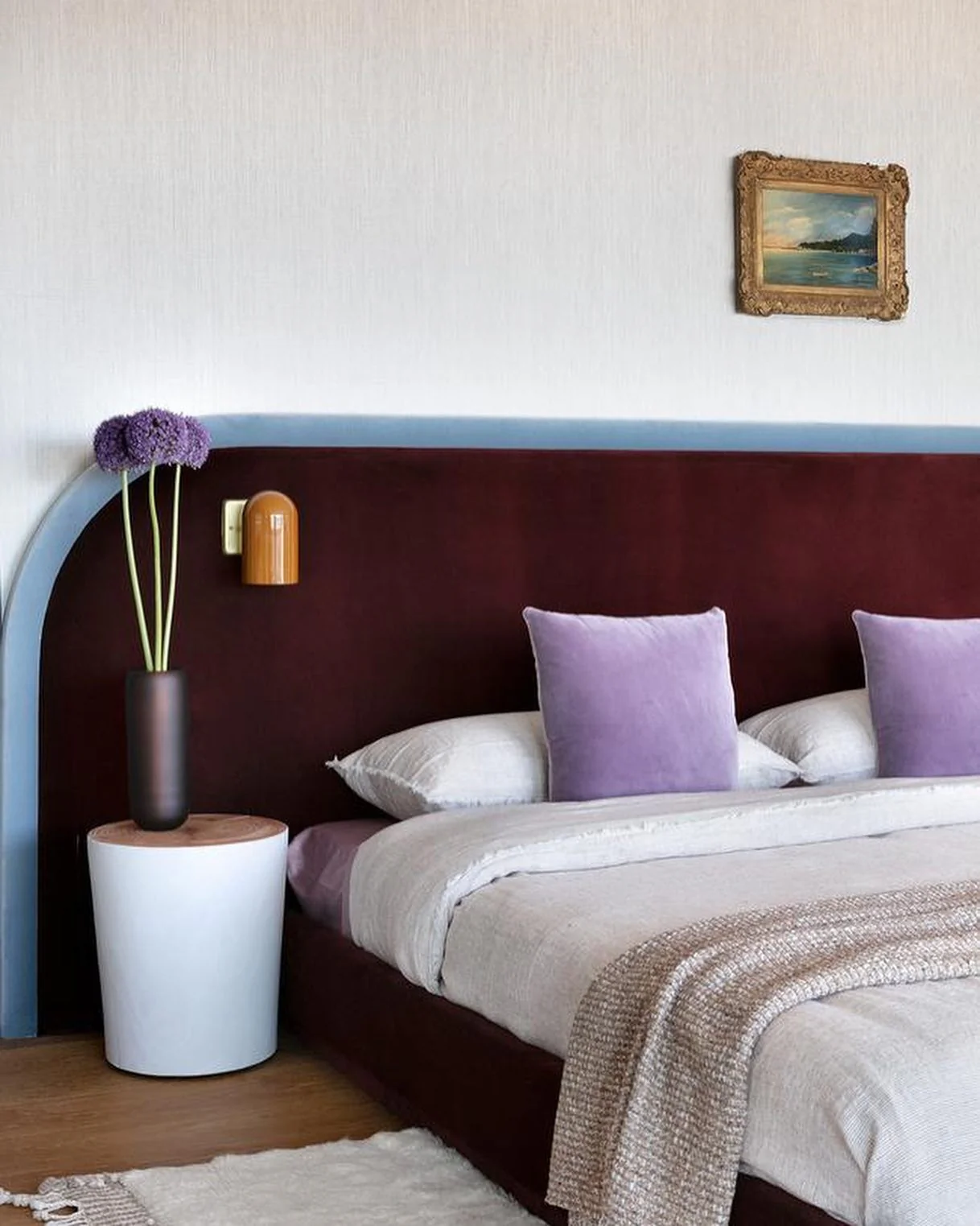 7. Art Deco Lines with Dusty Lilac Accents (Burgundy Bedroom Ideas)
