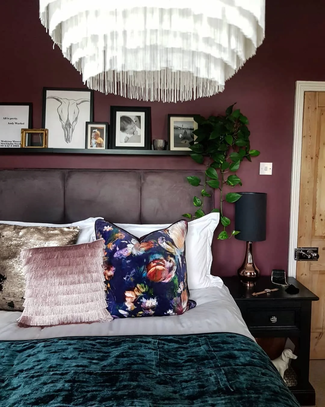 13. Eclectic Styling with Jewel-Tone Layers (Burgundy Bedroom Ideas)