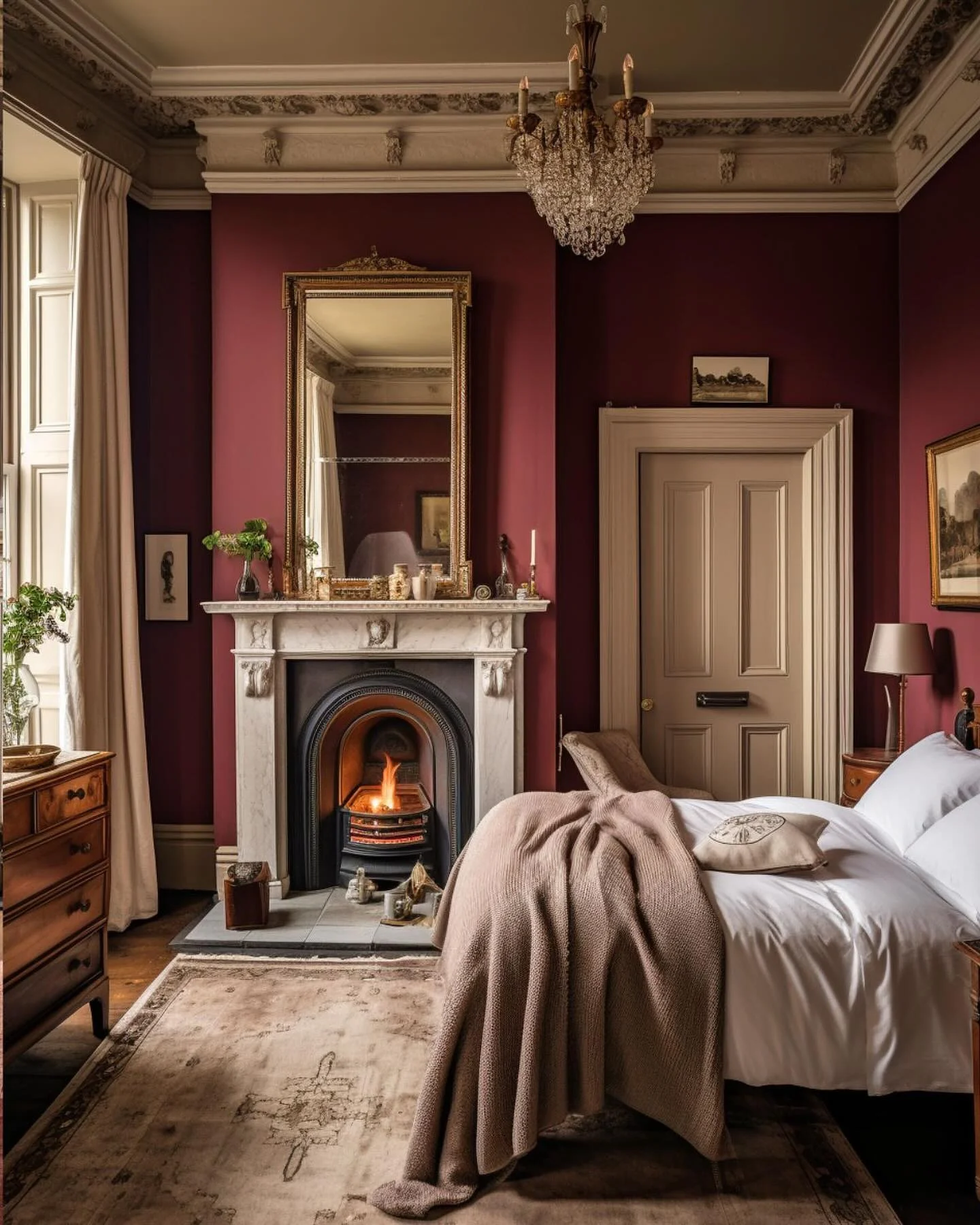 14. Classic Detailing with Fireplace Warmth (Burgundy Bedroom Ideas)