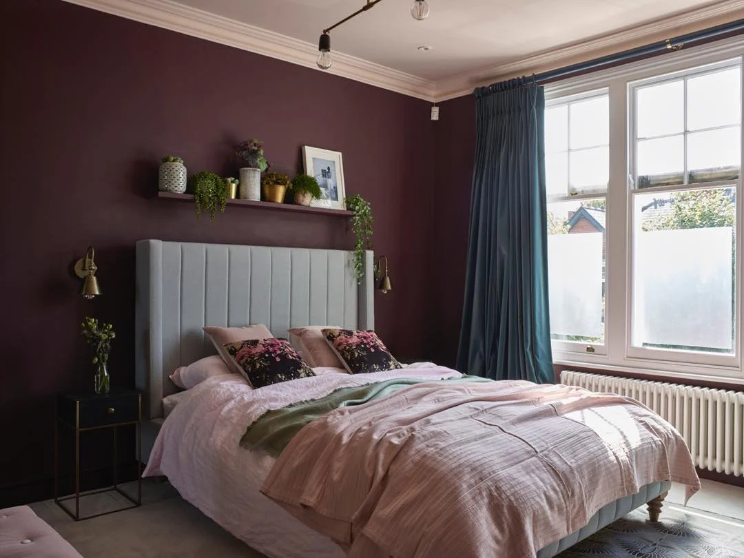 15. Modern Contrast with Soft Pastels (Burgundy Bedroom Ideas)