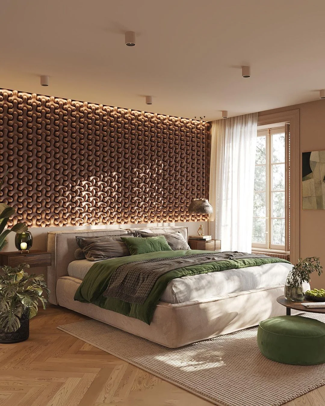 2. Textured Forest Wall with Earthy Neutrals (Nature Bedroom Ideas)