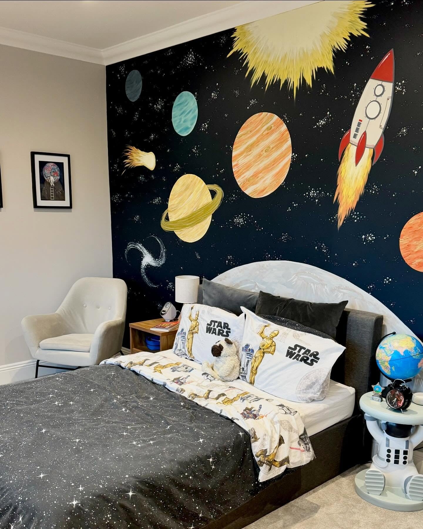 14. Rocket Launch Wall Feature with Galactic Accents (Space Bedroom Ideas)