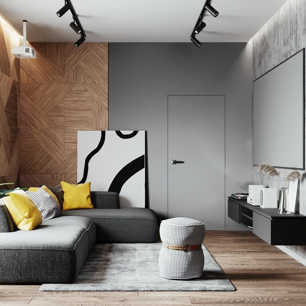 4. Modern Graphic Accent with Yellow Pops (Dark Grey Living Room Ideas)