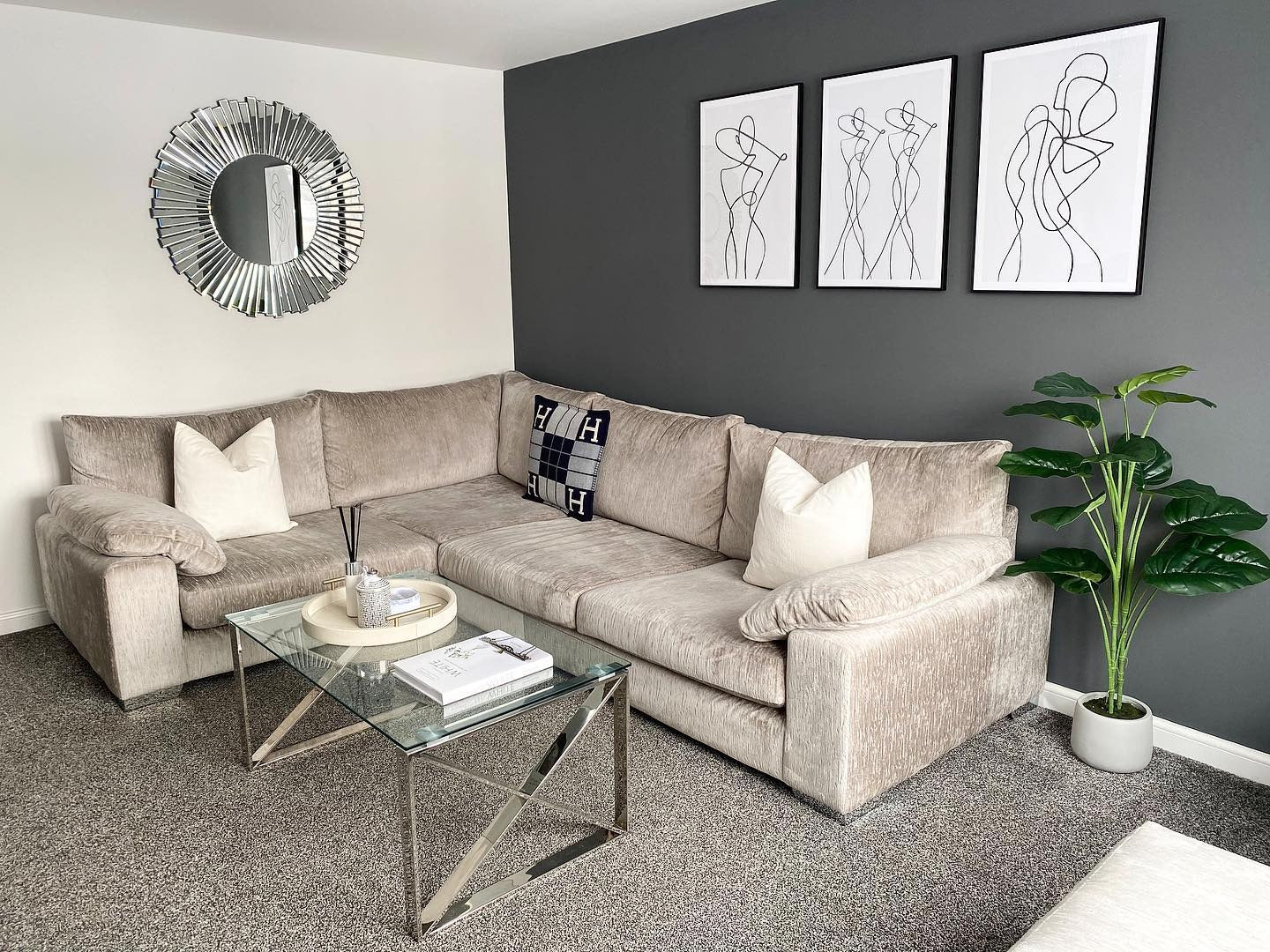 8. Chic Contrast with Soft Metallics (Dark Grey Living Room Ideas)