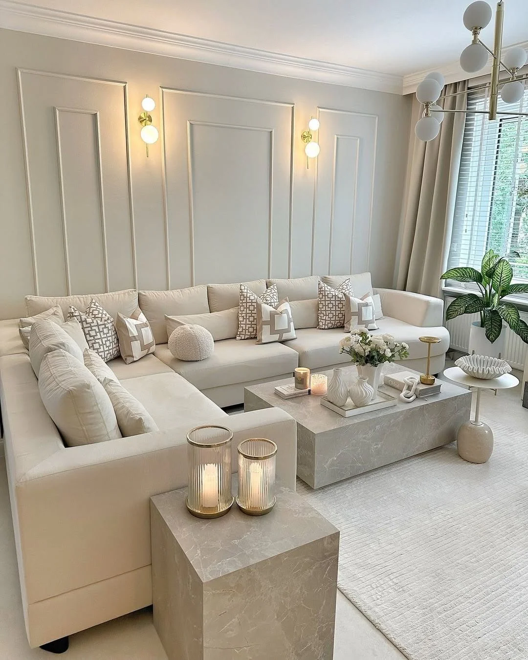 2. Geometric Balance in a Cream Palette (Beige Couch Living Room Ideas)