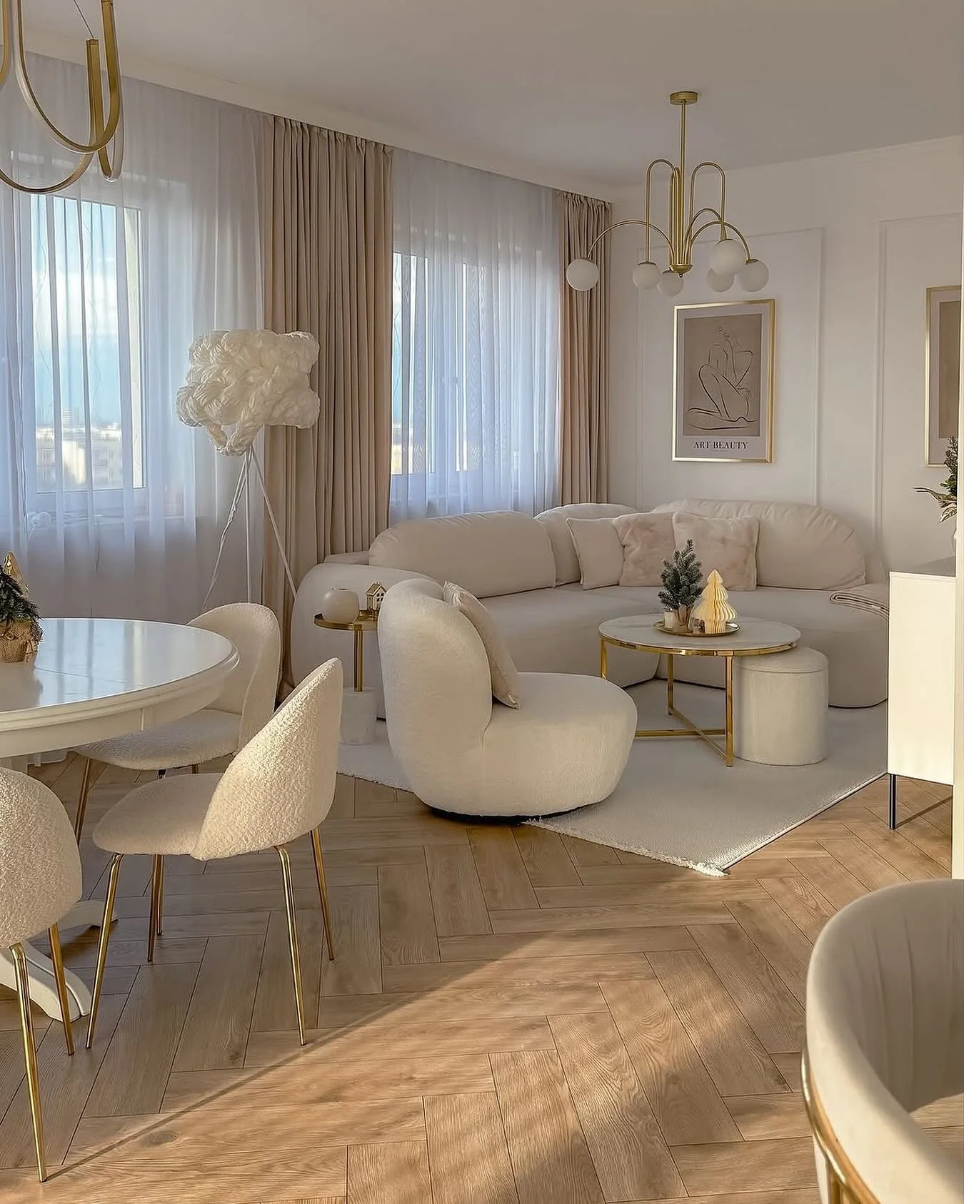 7. Warm Modern Glam with Golden Touches (Beige Couch Living Room Ideas)