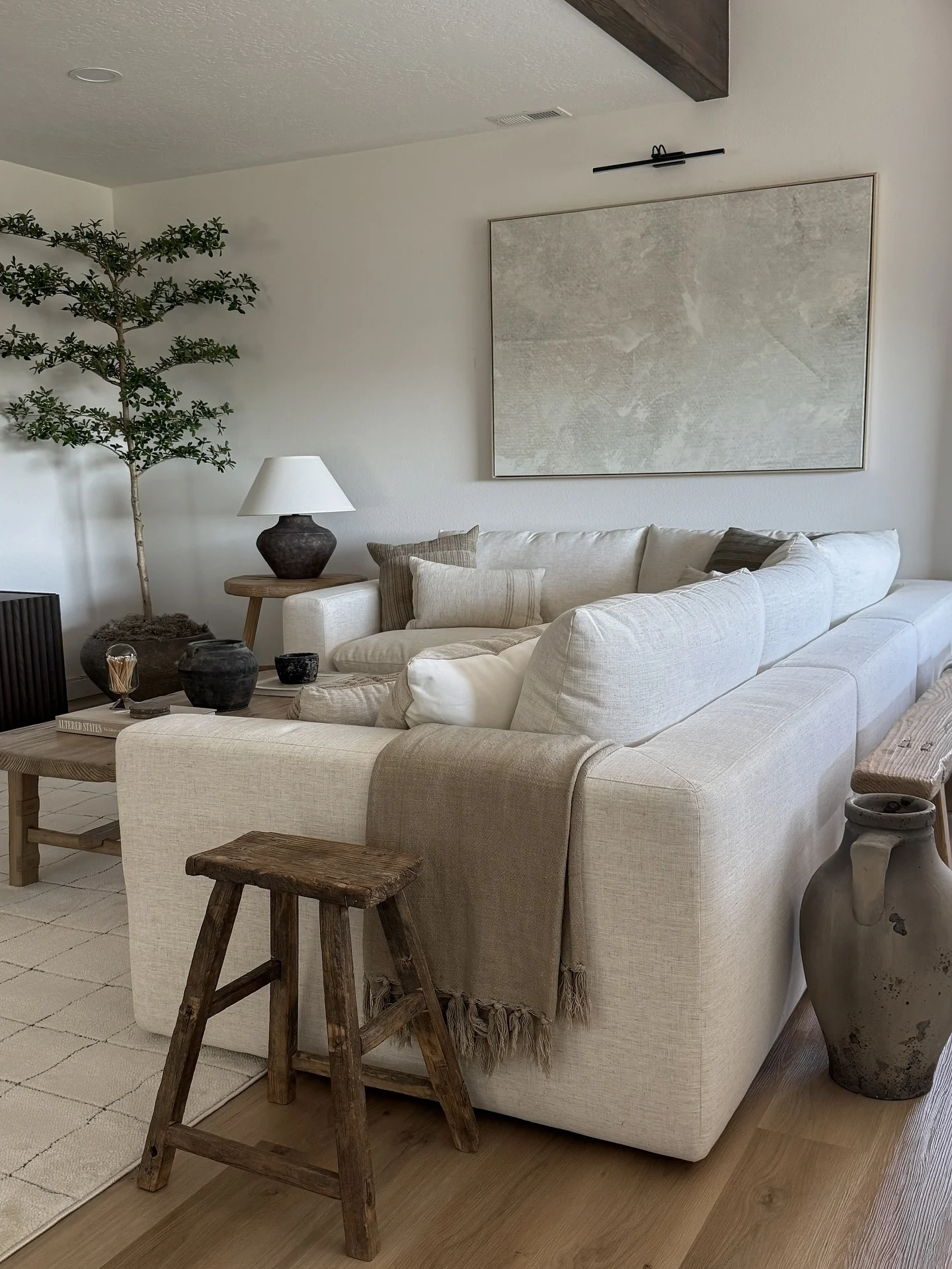 10. Organic Modern with Rustic Accents (Beige Couch Living Room Ideas)