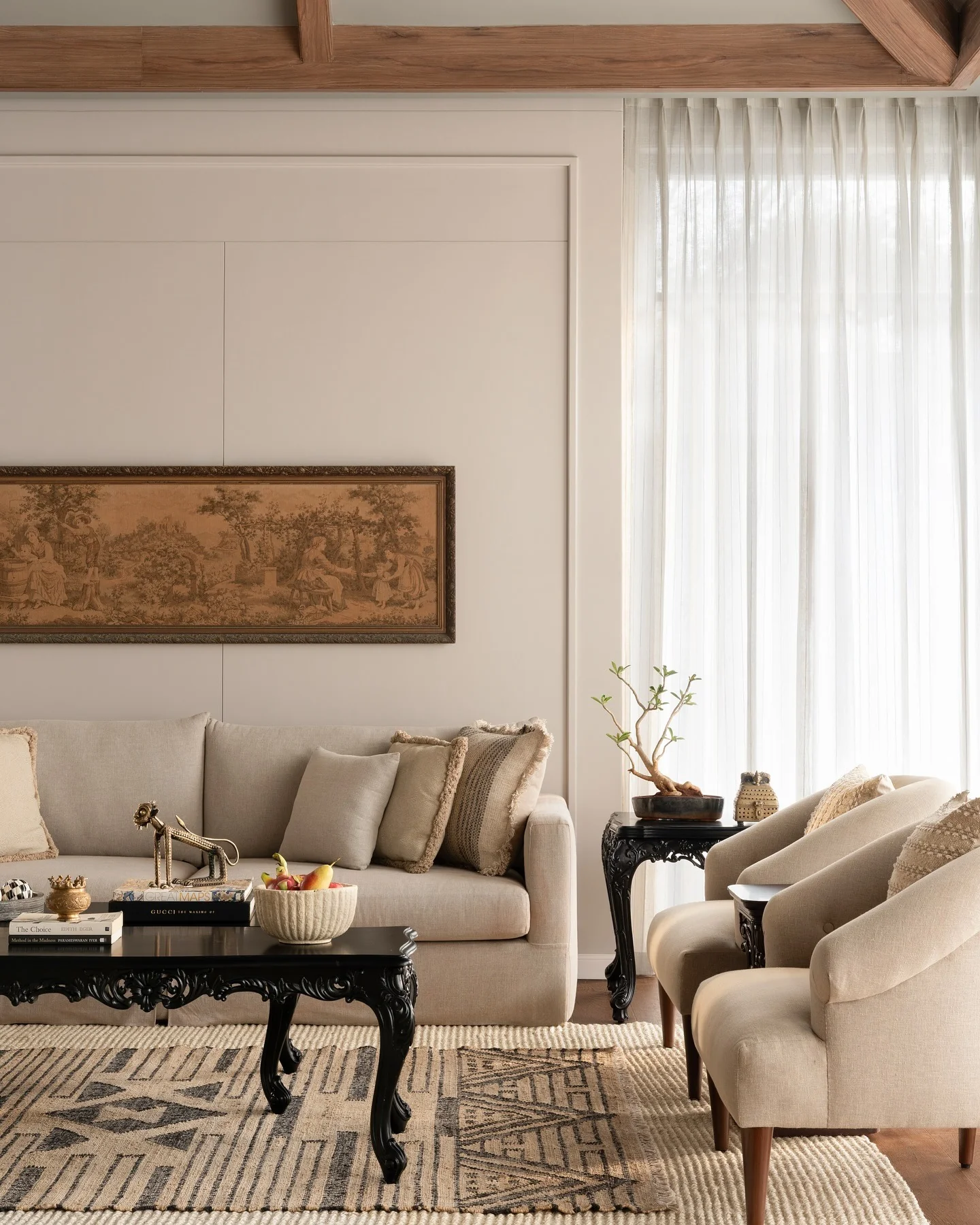 8. Classic Meets Rustic in Earthy Beige (Beige Couch Living Room Ideas)