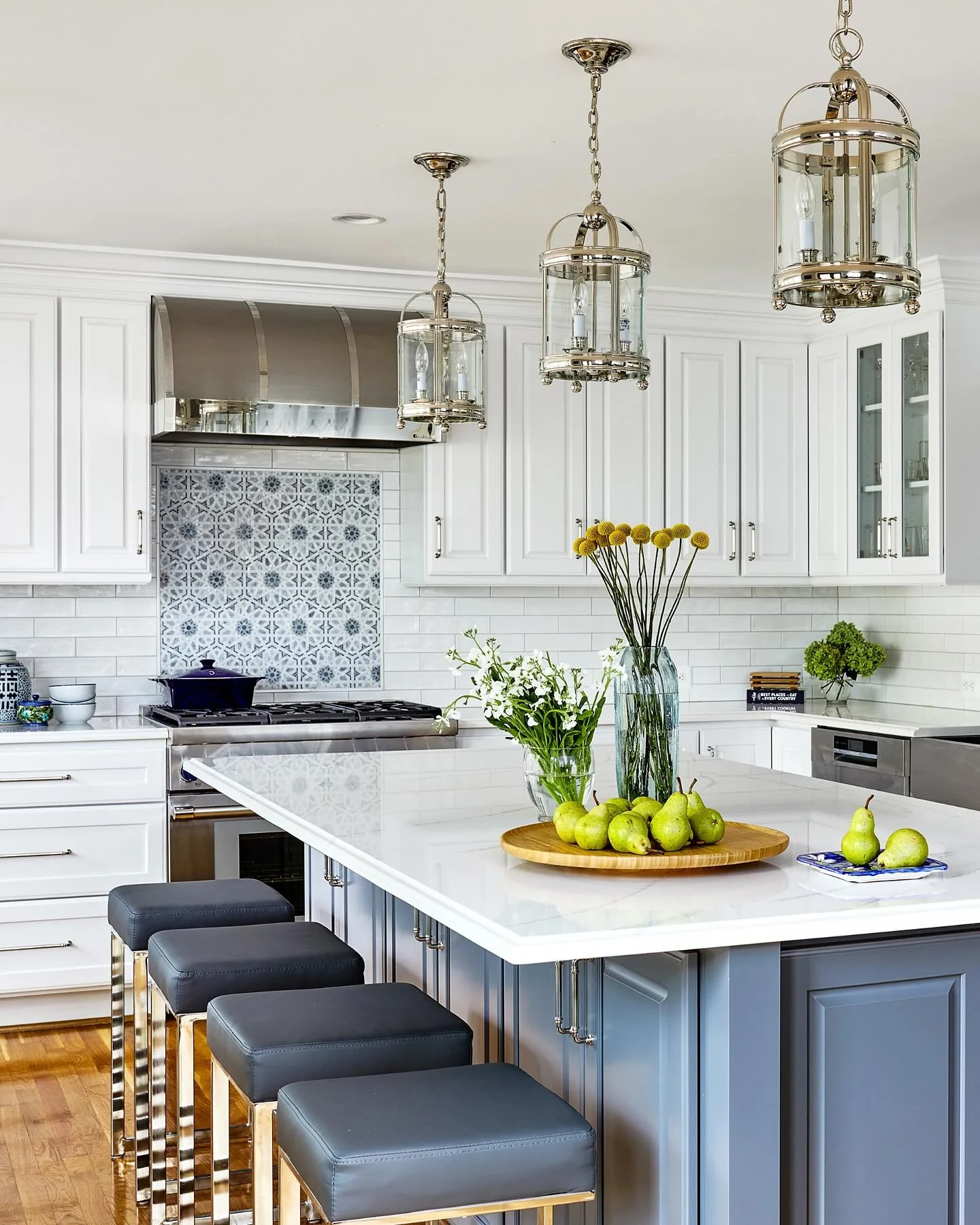2. Crisp Contrast and Polished Refinement (Blue Backsplash Kitchen Ideas)