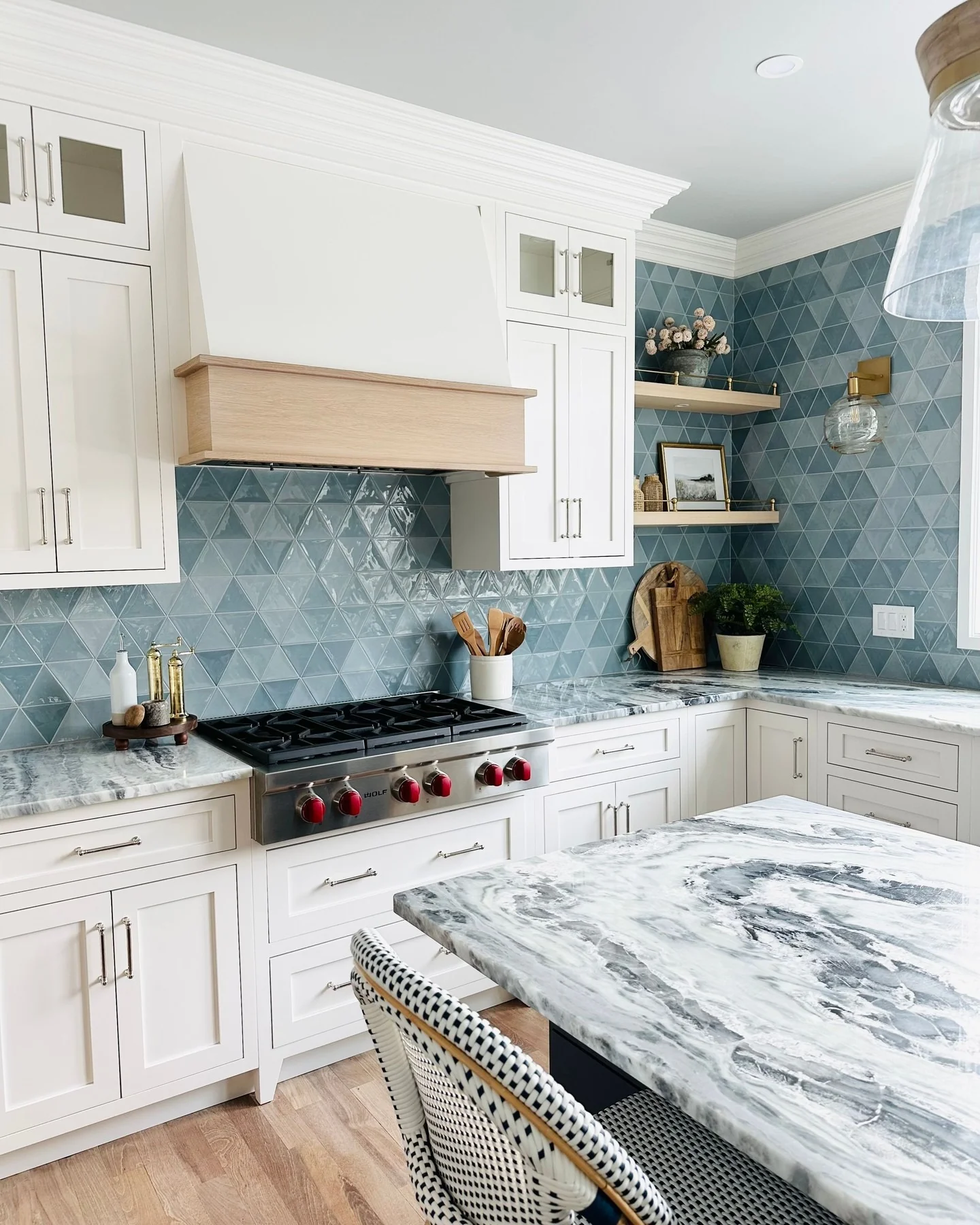 4. Geometric Chic with Diamond Detail (Blue Backsplash Kitchen Ideas)