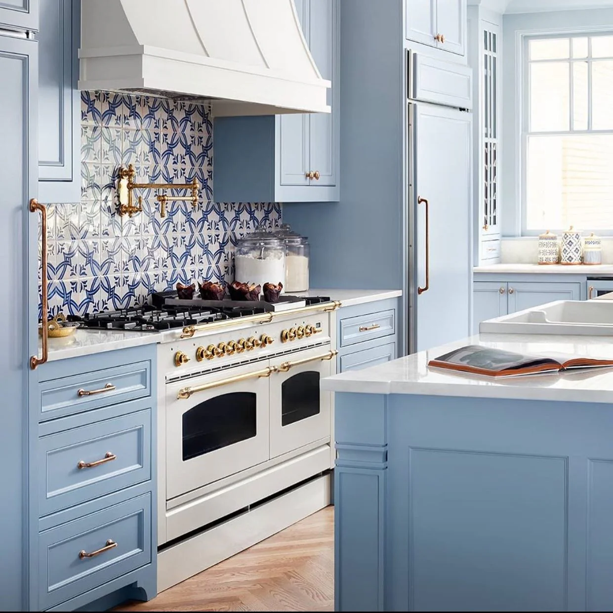 6. Artisanal Pattern Play in Blue and White (Blue Backsplash Kitchen Ideas)