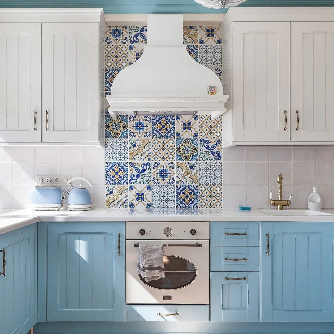 8. Eclectic Charm with Patchwork Tilework (Blue Backsplash Kitchen Ideas)