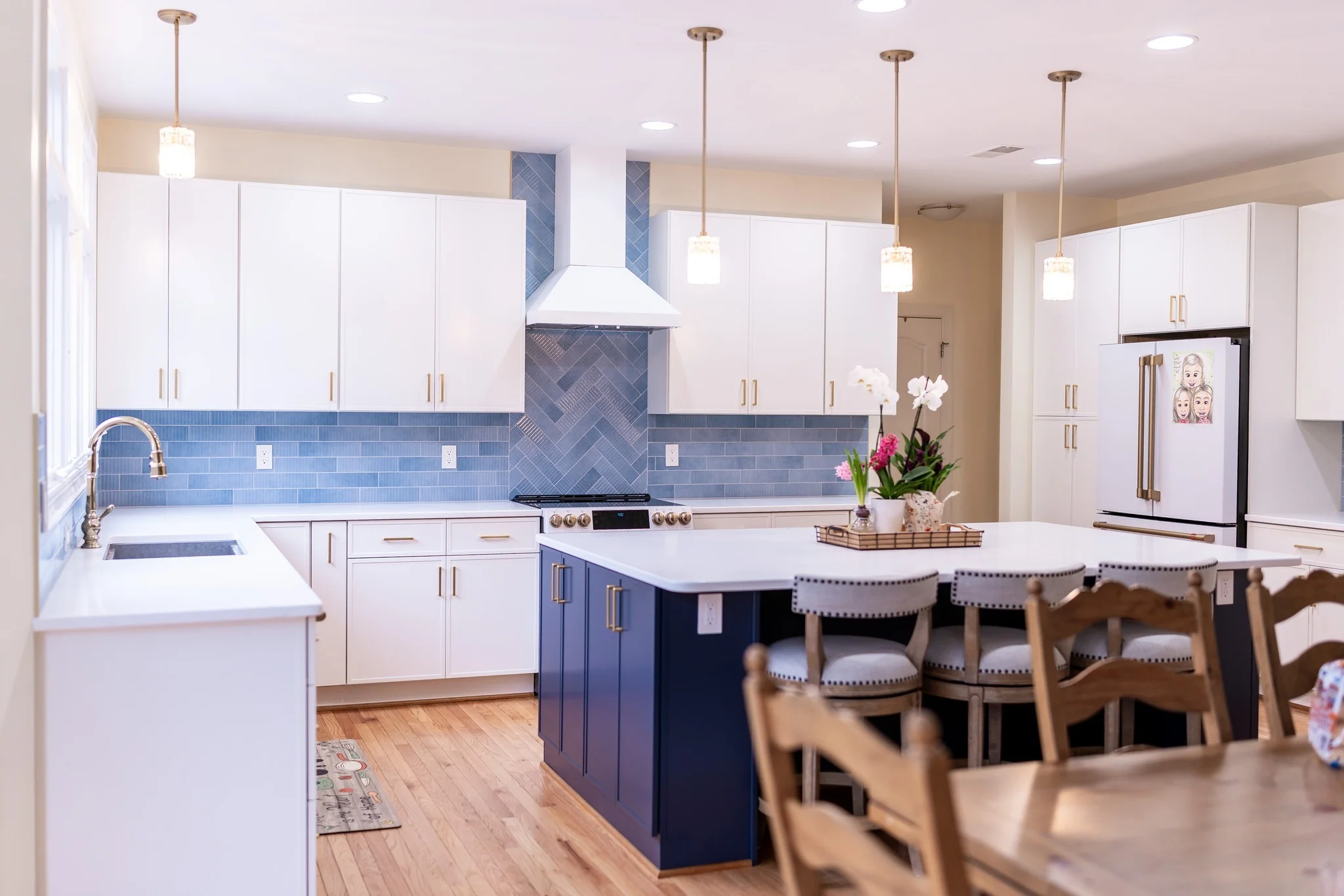 10. Contemporary Lines with Textural Blues (Blue Backsplash Kitchen Ideas)