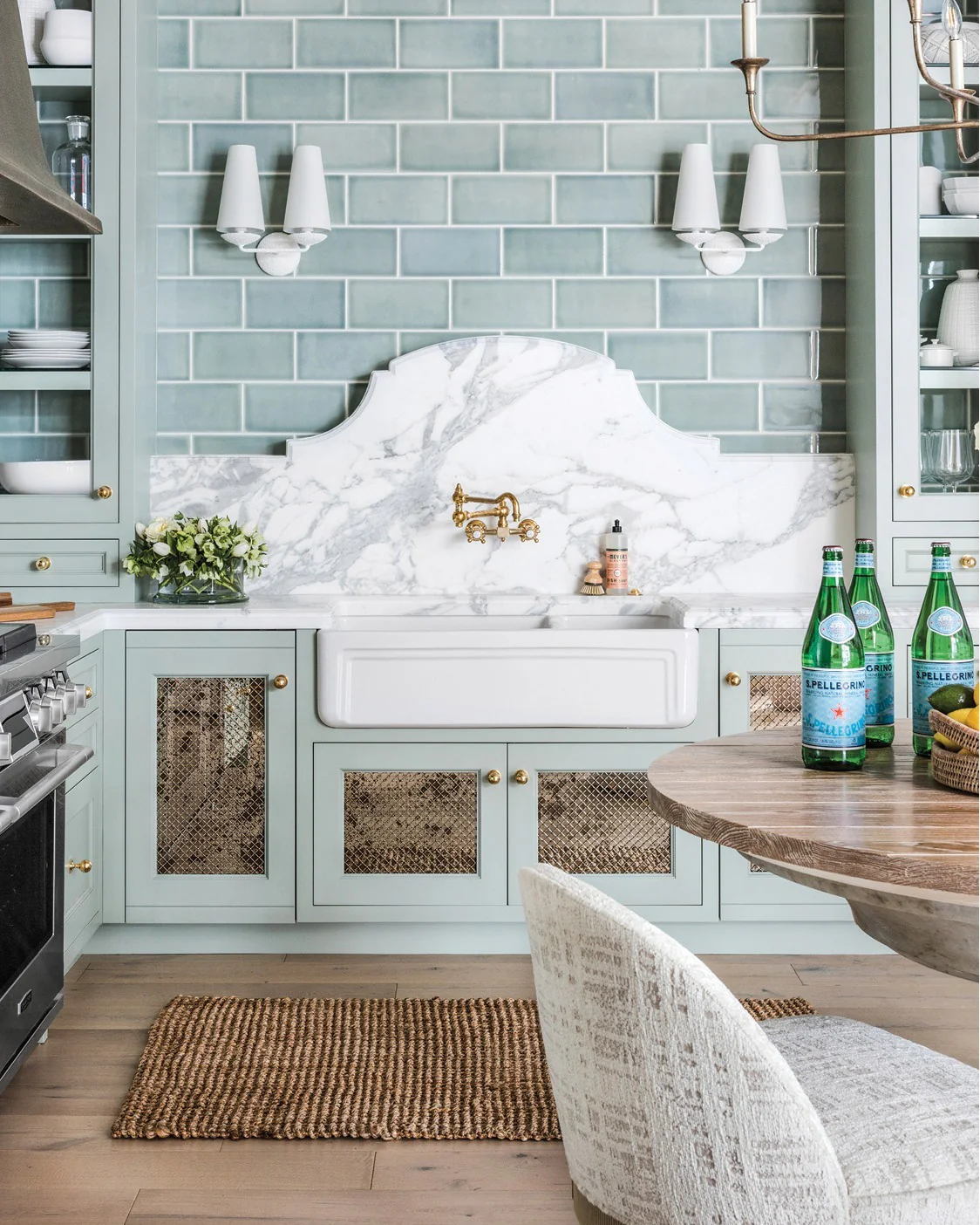 14. Mint-Washed Subway Tile with Marble Backdrop (Blue Backsplash Kitchen Ideas)