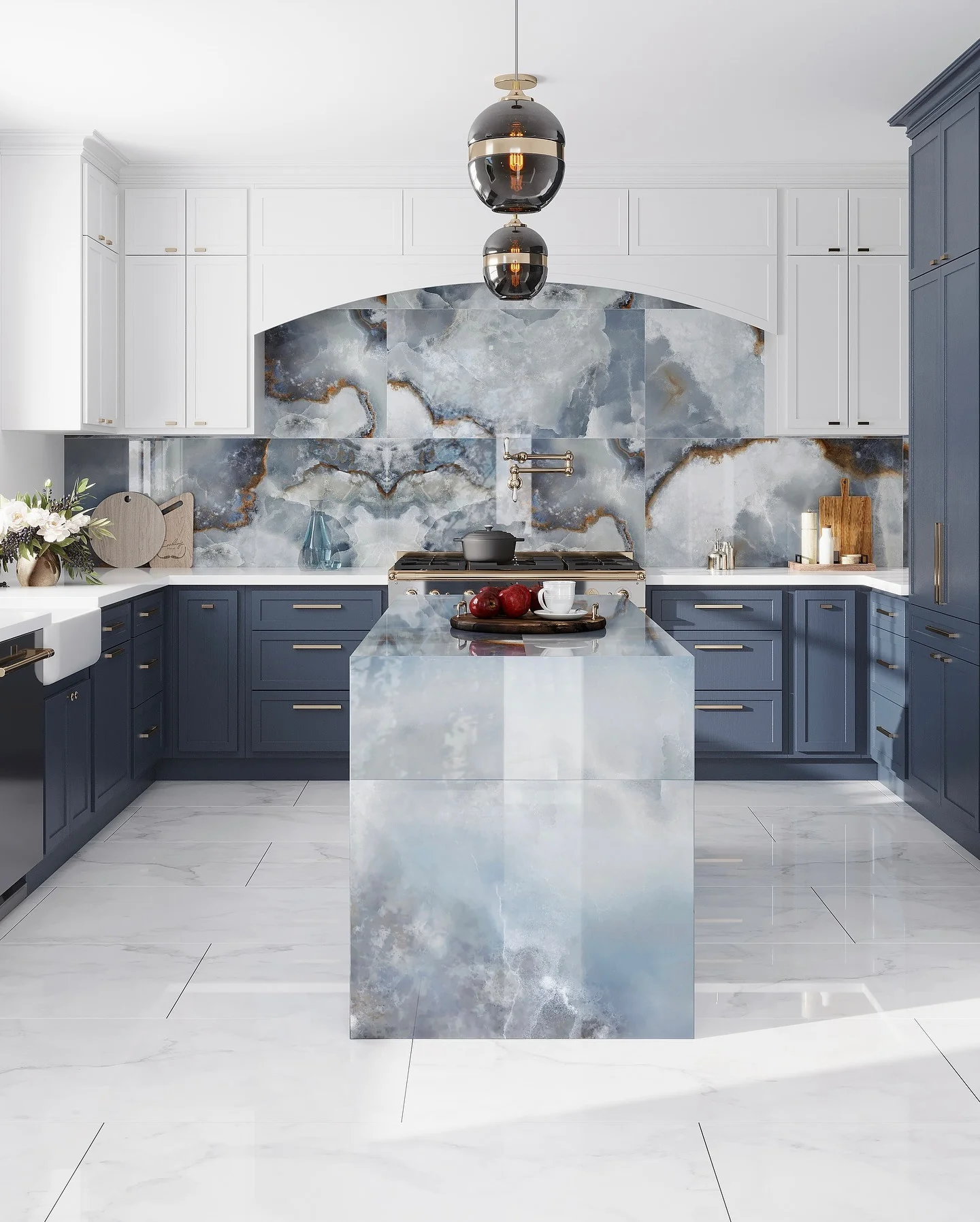 15. Contemporary Marble Effect in Slate Blue and Copper (Blue Backsplash Kitchen Ideas)