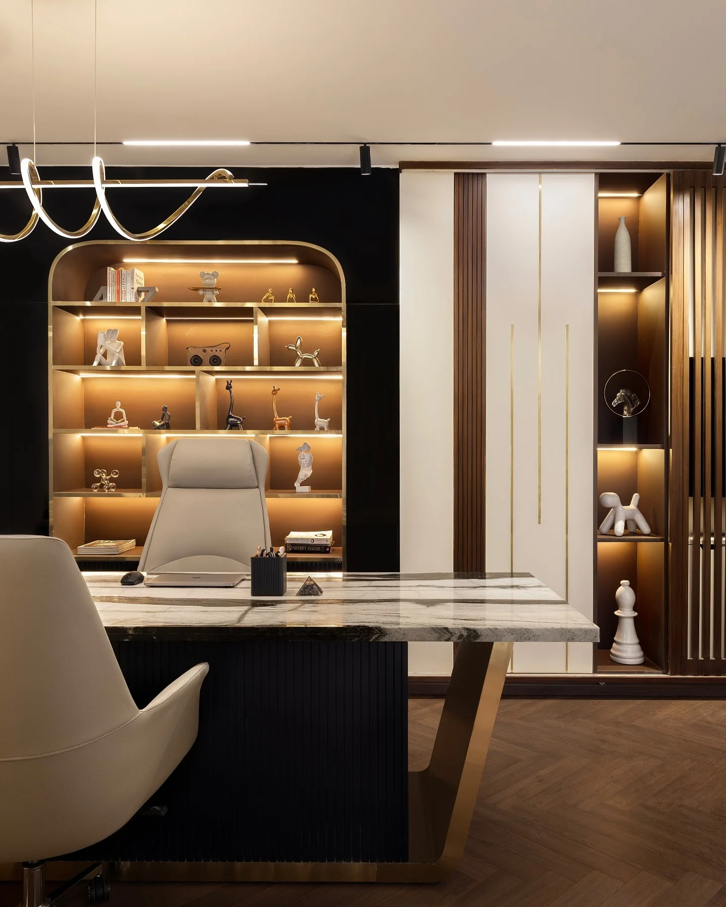 8. Contemporary Luxe Office with Brass Framing and Marble Desk (Old Money Office Ideas)