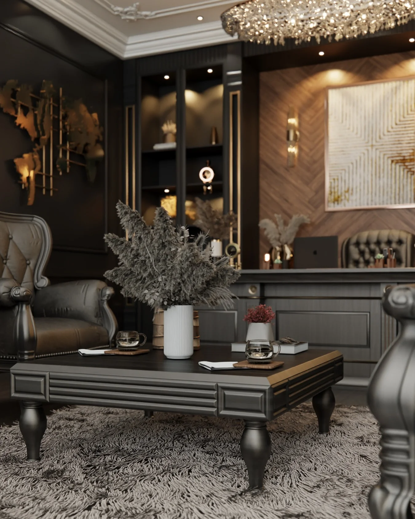 11. Formal Baroque Office with Deep Ebony and Crystal Accents (Old Money Office Ideas)