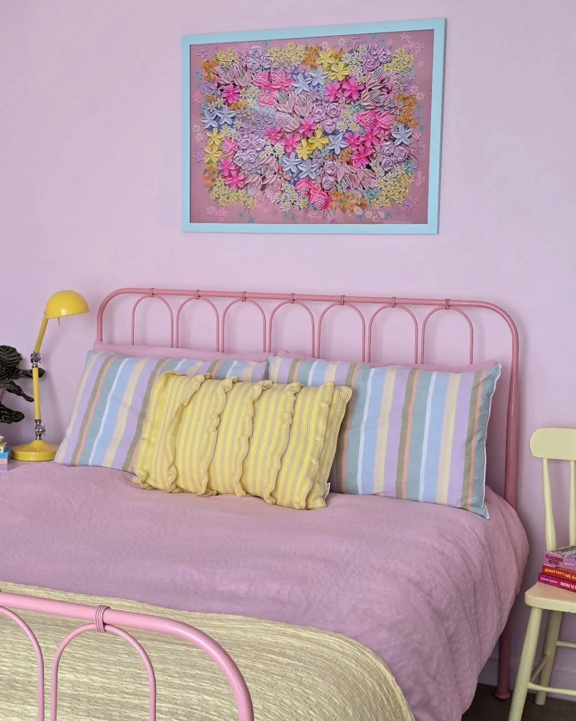 6. Art-Infused Pastel Mix (Light Pink Bedroom Ideas)