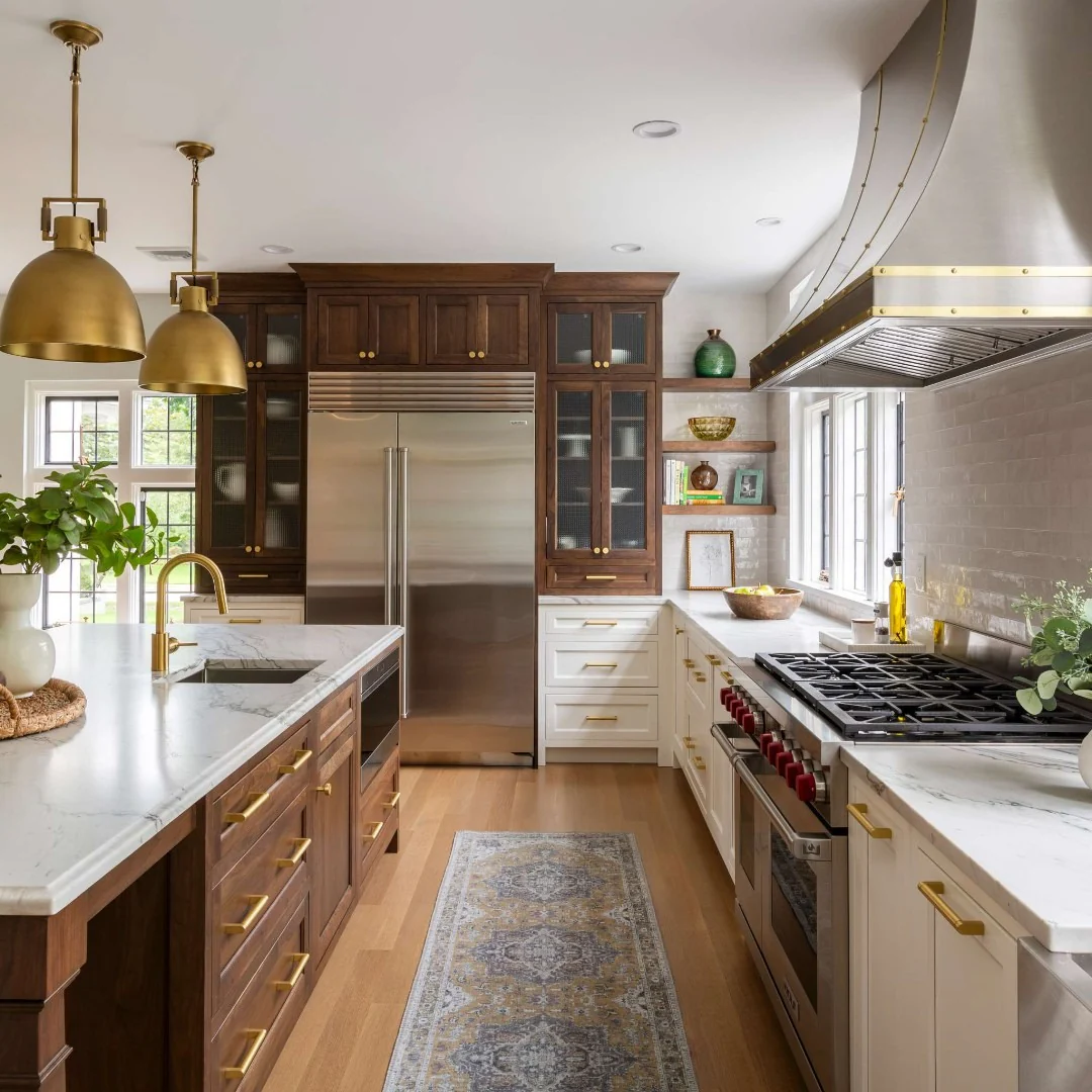 10. Layered Contrast with Bold Lighting (Dark Wood Kitchen Ideas)