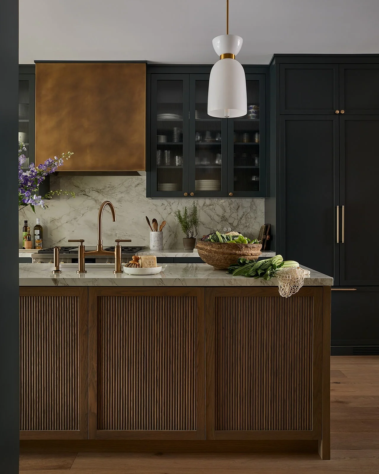 13. Modern Heritage with Bronze and Charcoal Accents (Dark Wood Kitchen Ideas)