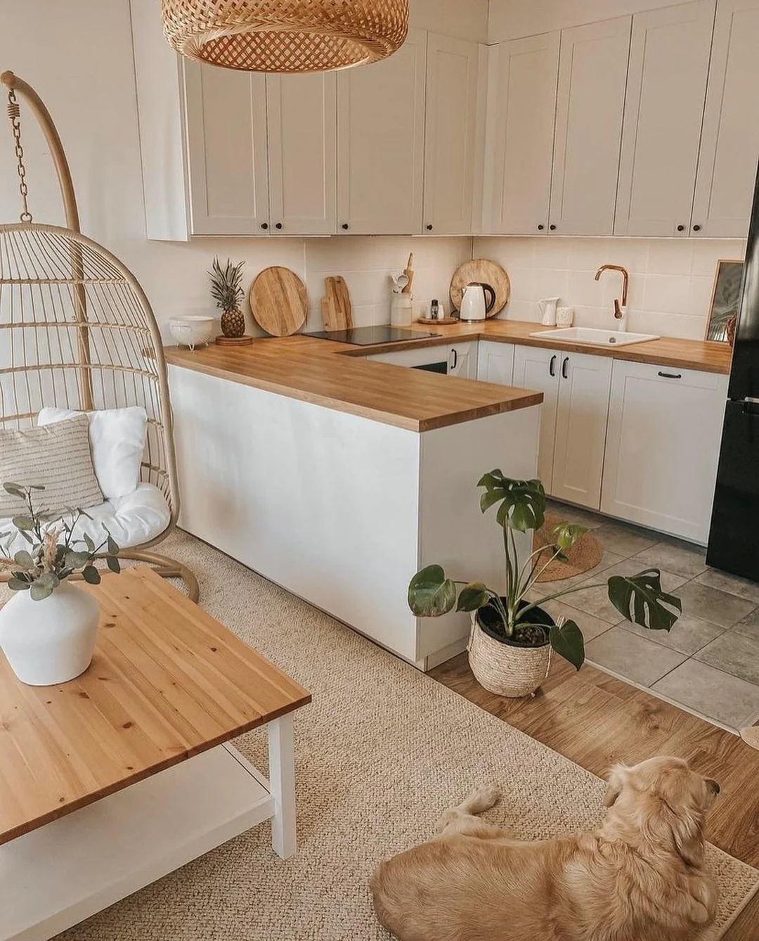 10. Warm Natural Tones with Boho Touches and Wood Accents (Living Room and Kitchen Ideas)