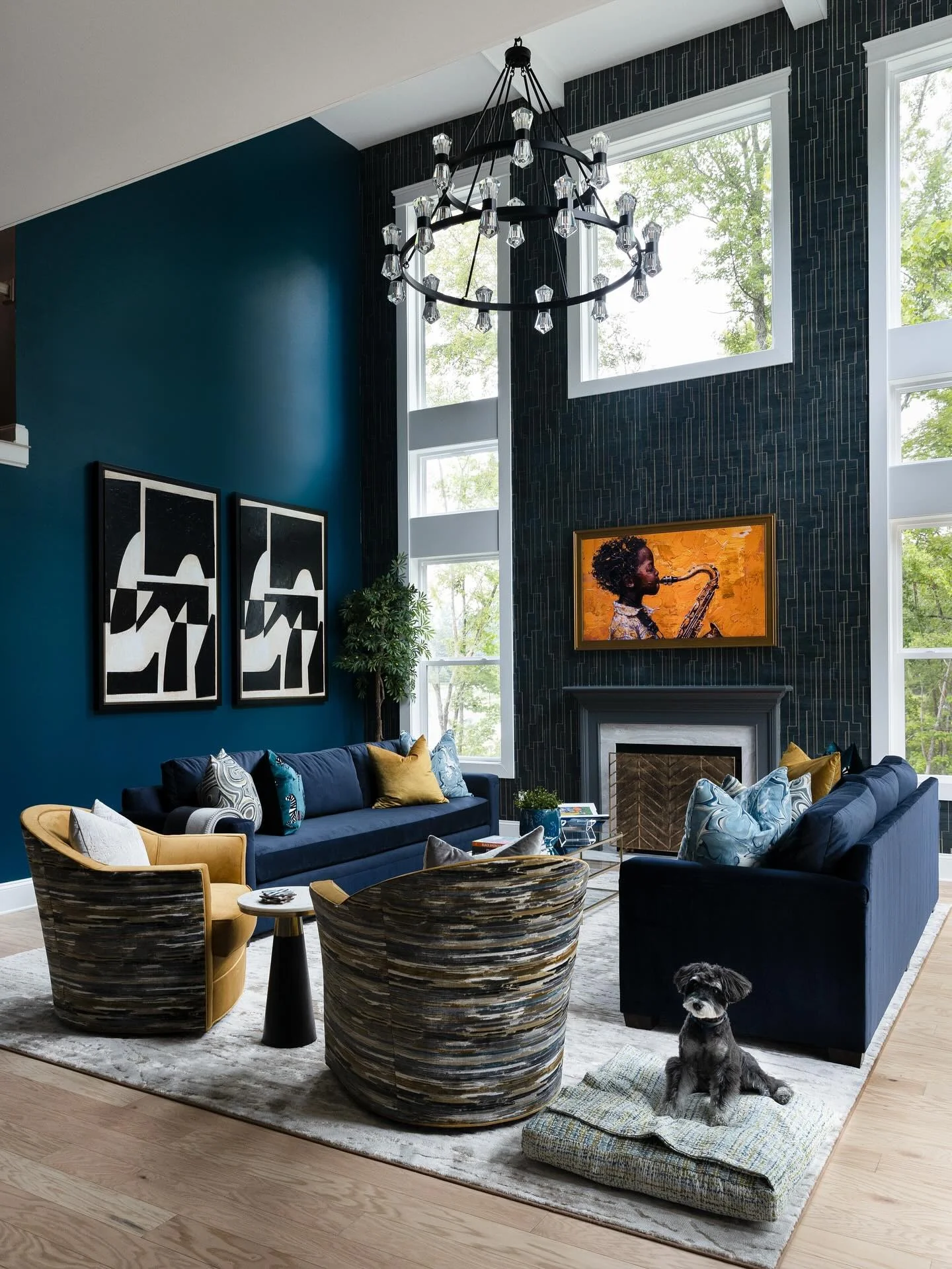 2. Sapphire Drama with Textural Contrasts (Accent Wall Ideas for Living Room)
