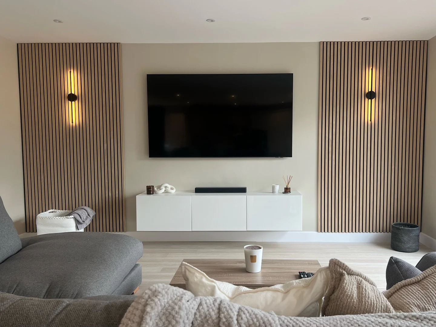 4. Warm Wood Slats with Modern Balance (Accent Wall Ideas for Living Room)