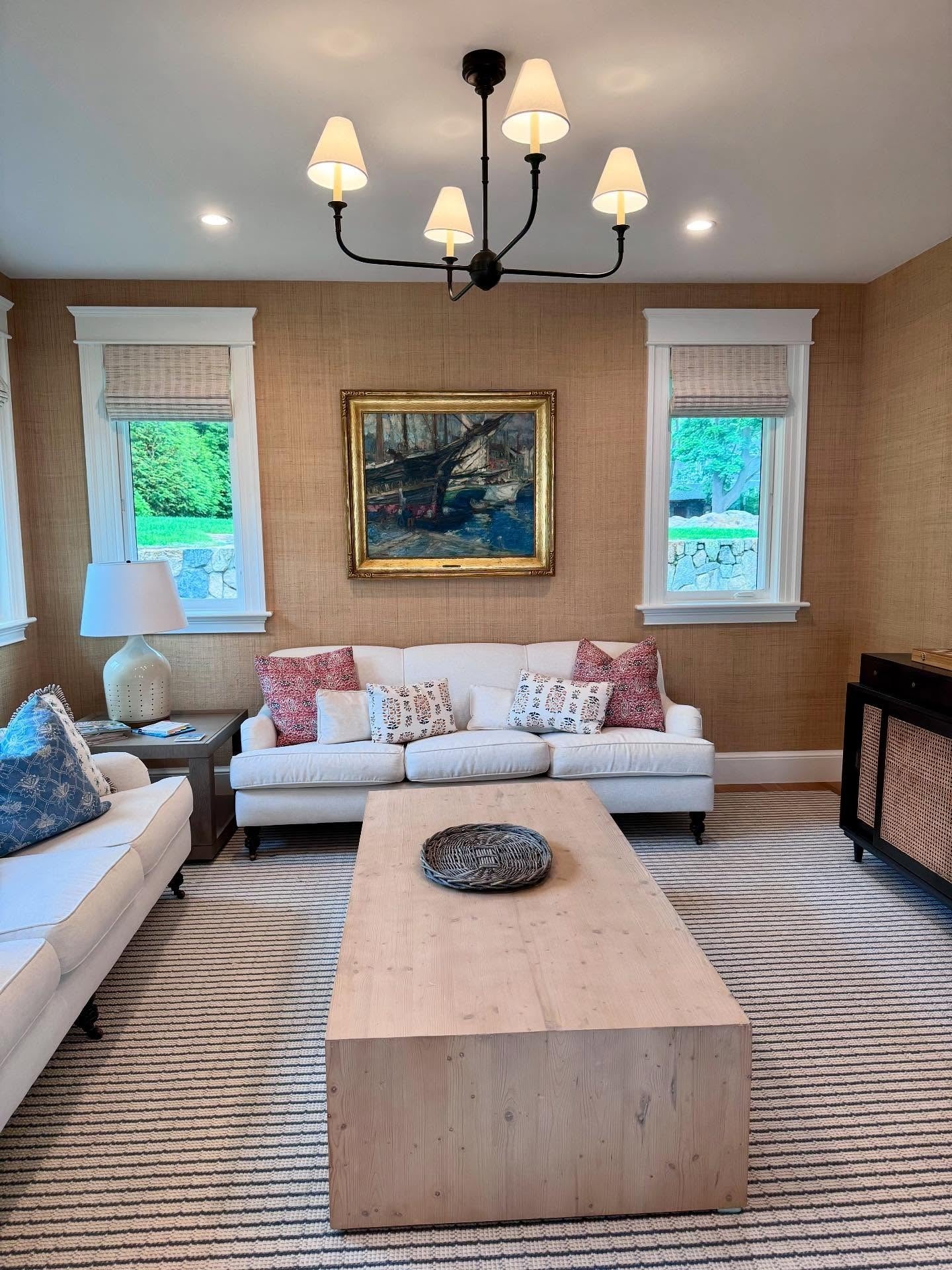 10. Classic Meets Coastal with Framed Texture (Accent Wall Ideas for Living Room)