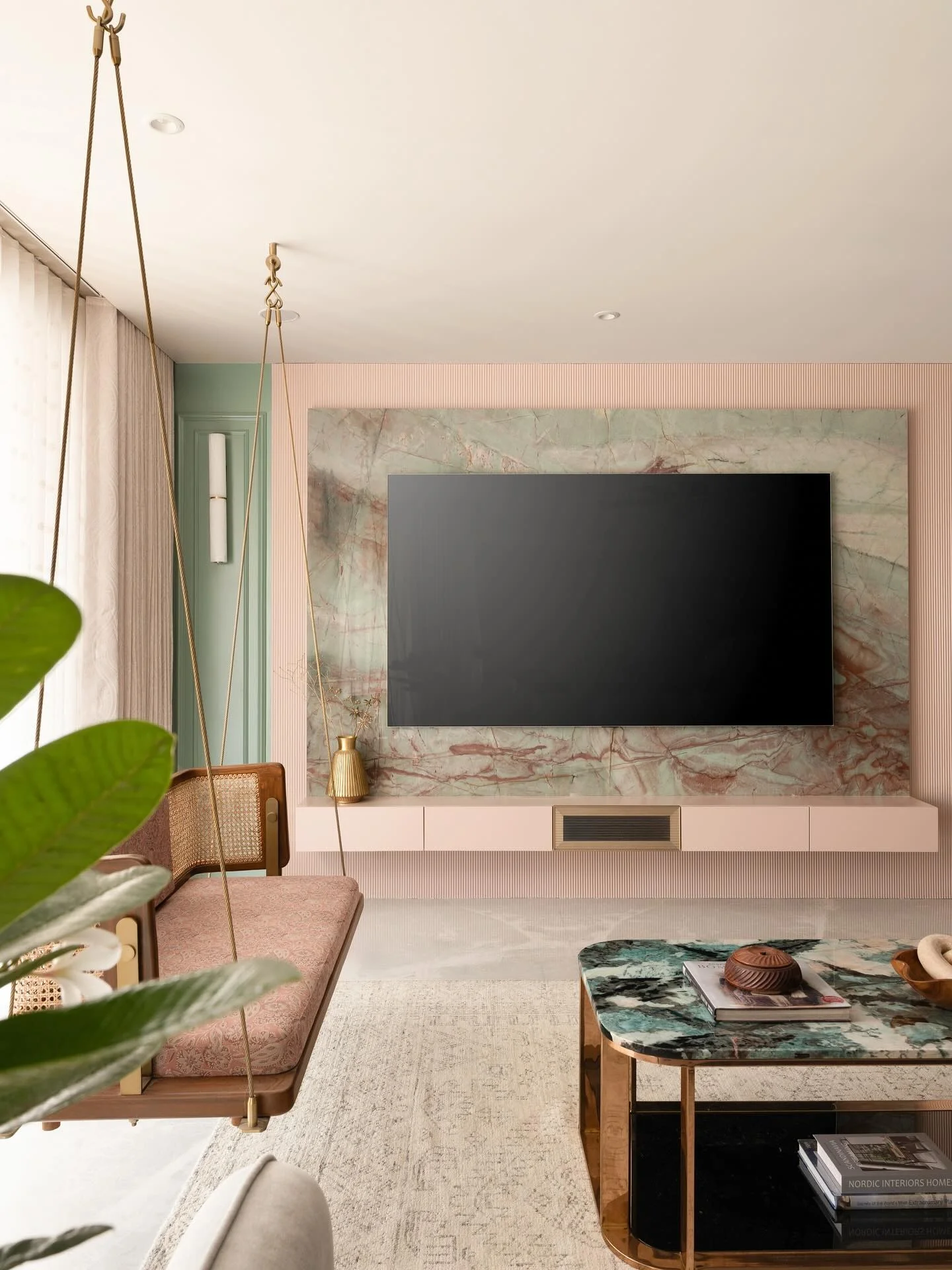 14. Blush Marble and Mint in a Soft Contemporary Frame (Accent Wall Ideas for Living Room)