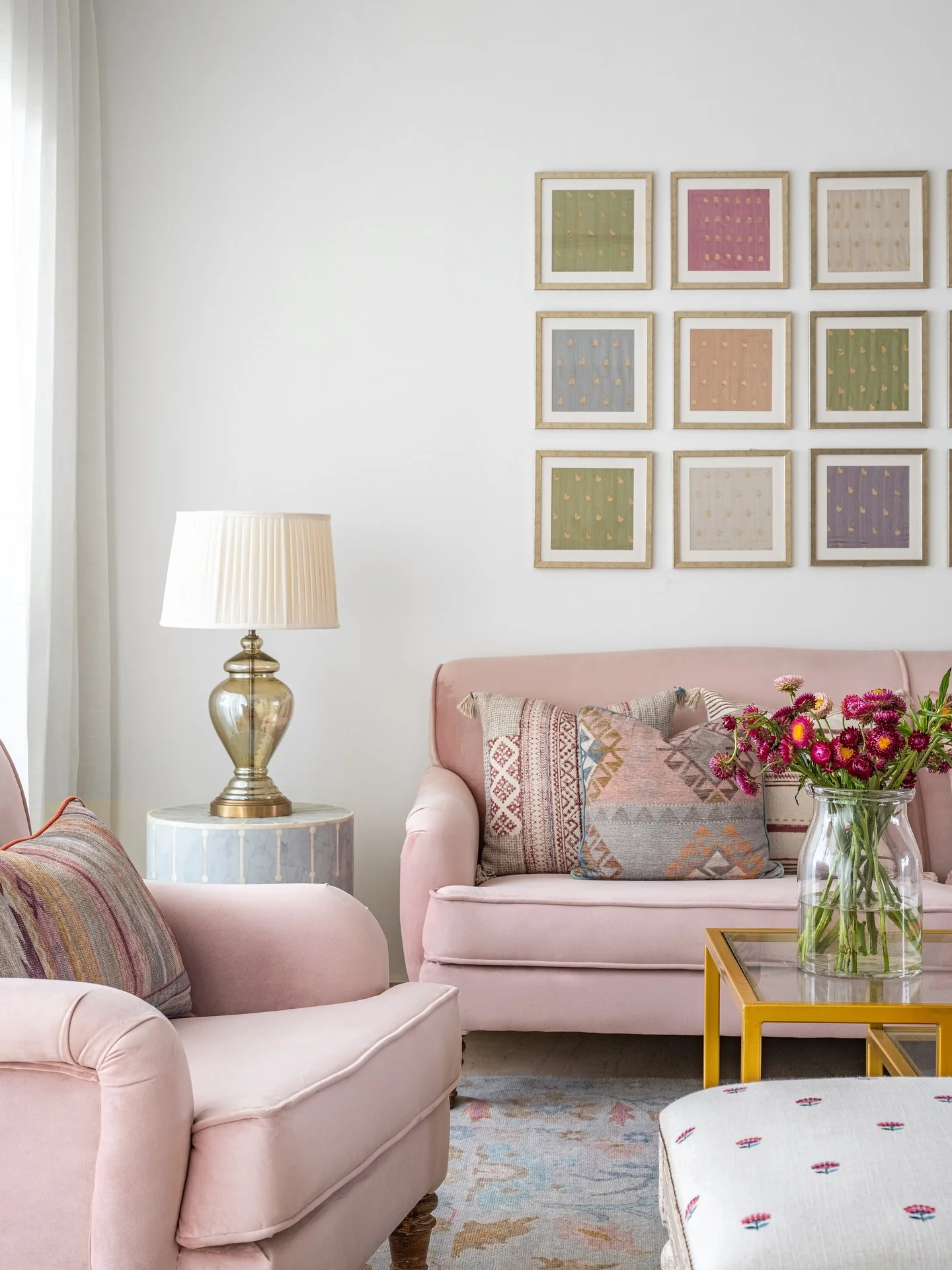 12. Pastel Geometry and Subtle Symmetry (Gallery Wall Living Room Ideas)