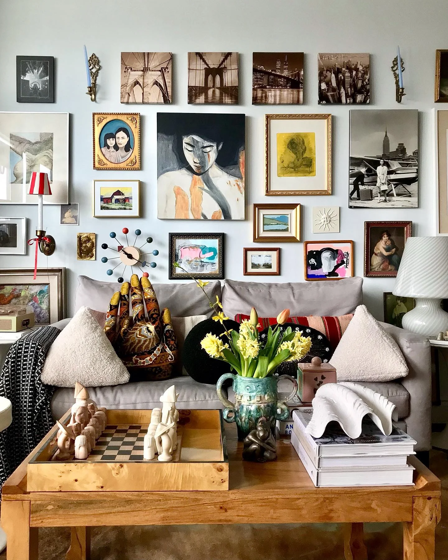 13. Playful Modern Maximalism (Gallery Wall Living Room Ideas)